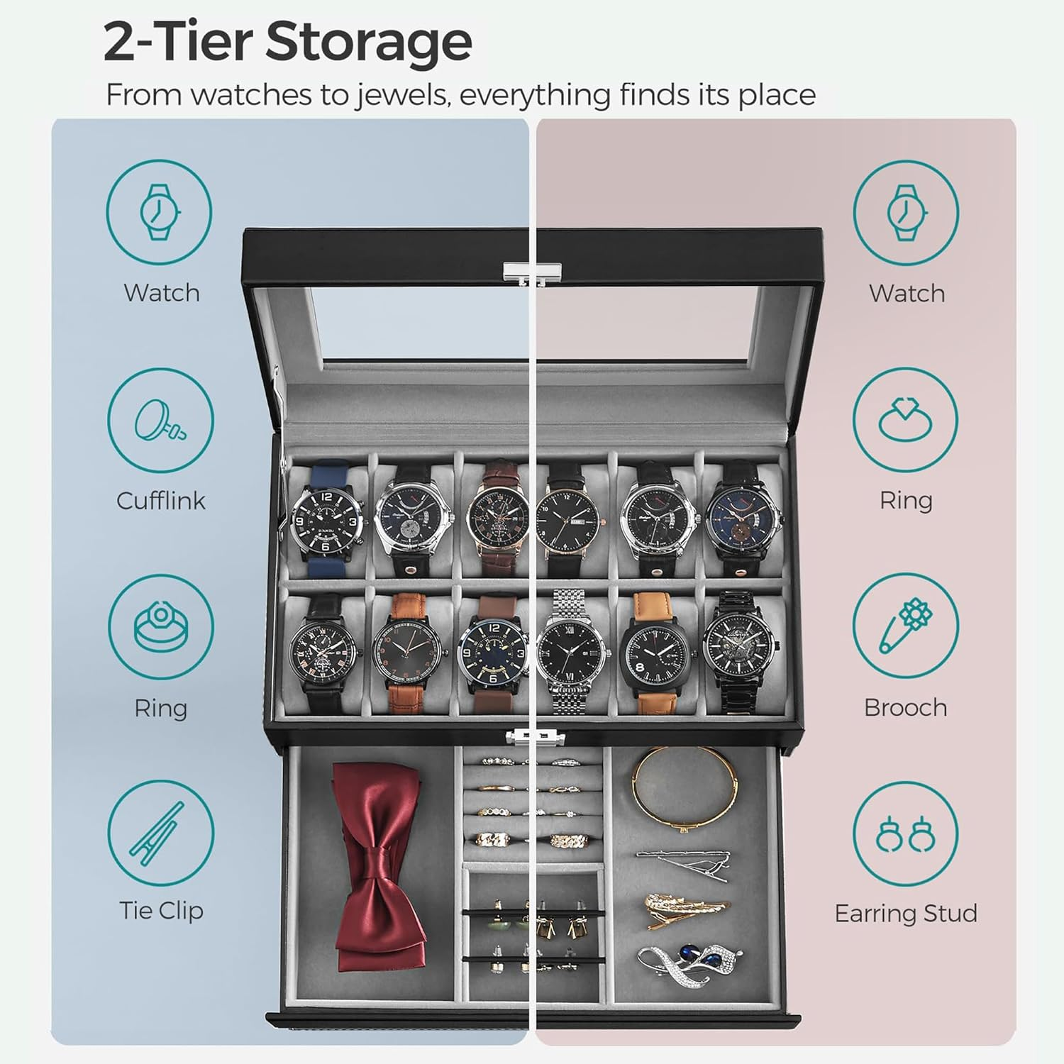 LIAN Watch Box 12-Slot Watch Box Jewelry Box Organizer for Men 2 Layers with 1 Drawer for Rings, Glasses,Jewelry,Necklace Black Perfect Birthday Gifts image number 4