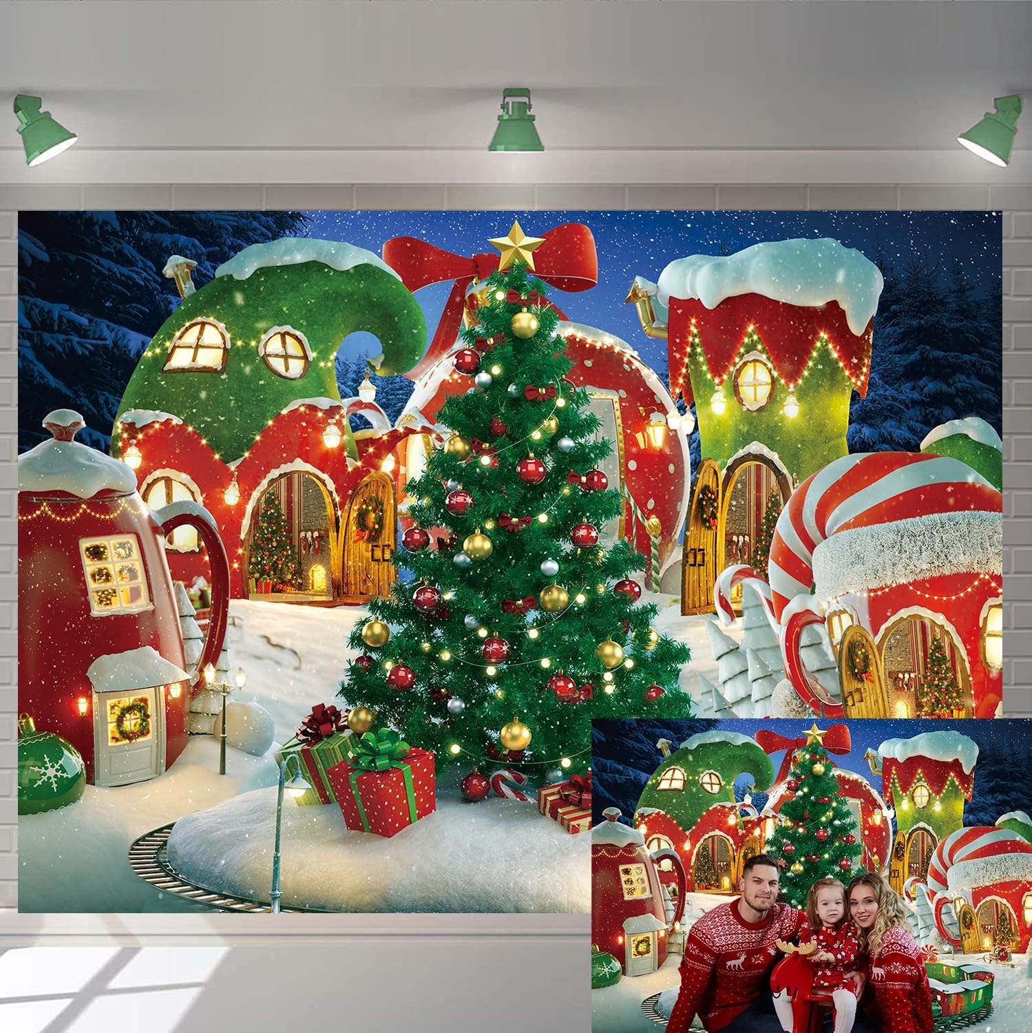 Cartoon Christmas Village Photography Backdrop Winter Snow Pine Tree Background Xmas Fairy Tale Animated Kid Party Photo Booth Banner Supplies (8X6) image number 6