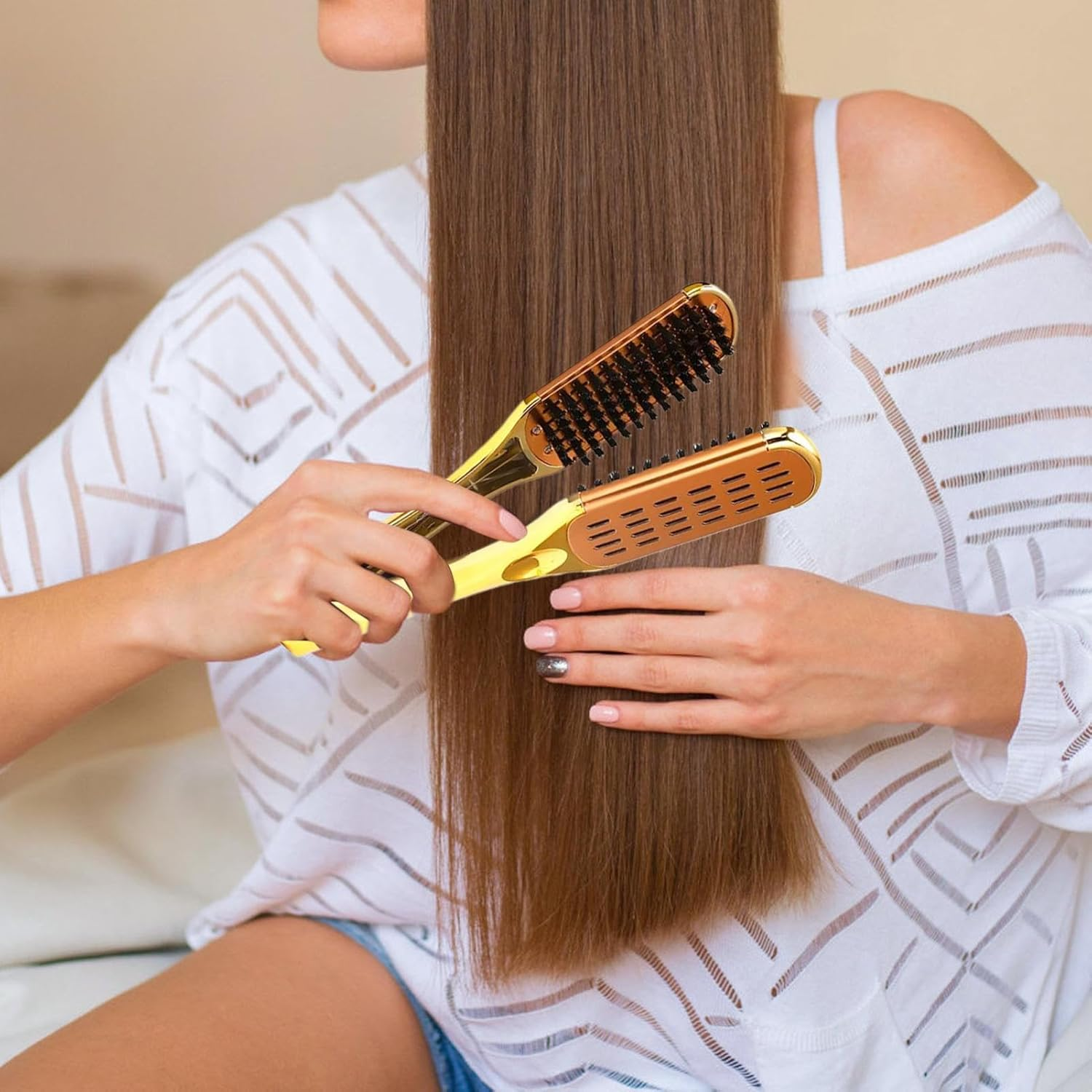 Clamp Brush for Straightening Hair, Double Sided Styling Comb Set, Beauty Makeup Straightening Brush Stylist Tool for Wet Dry Use image number 2