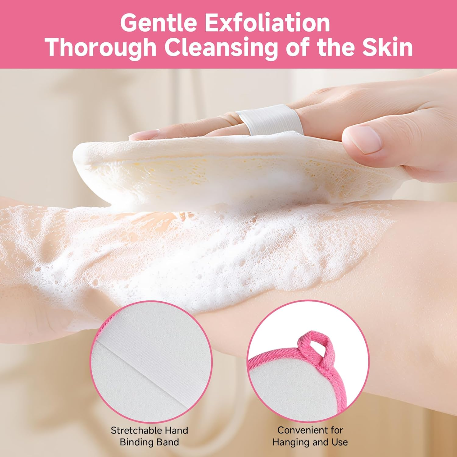 Shingidea 4 Pcs Natural Loofah Sponge Body Scrubbers 11X15Cm with Hanging Rope,Exfoliating Shower Loofah for Women and Men,2 White and 2 Pink Bath Sponges for Daily Skin Exfoliation and Cleansing image number 1