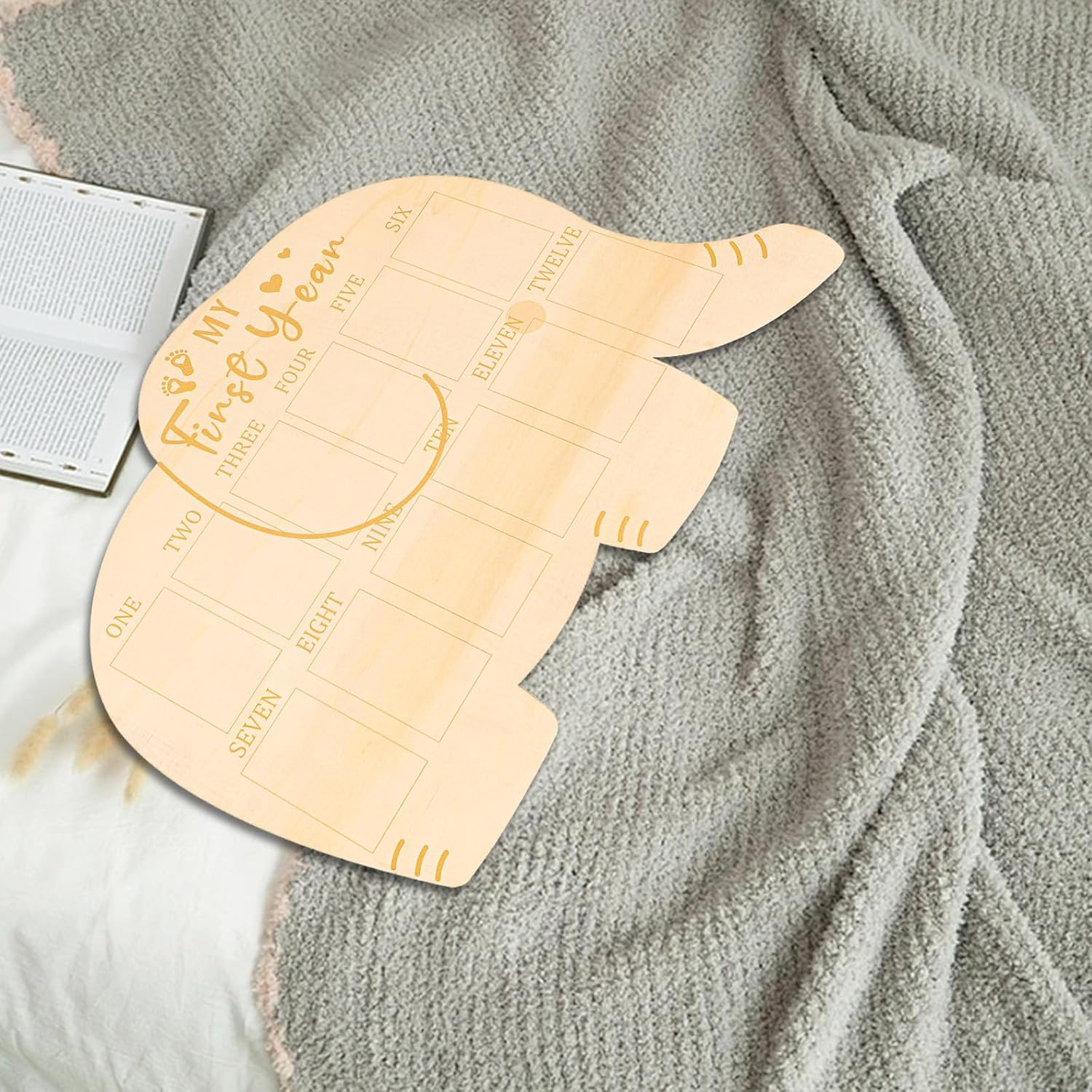 My First Year Photo Frame, Wooden 1St Birthday Picture Board 12 Months Baby Photo Display Elephant Shape Nursery Decoration Boys Girls Newborn Baby Mom Memories image number 2