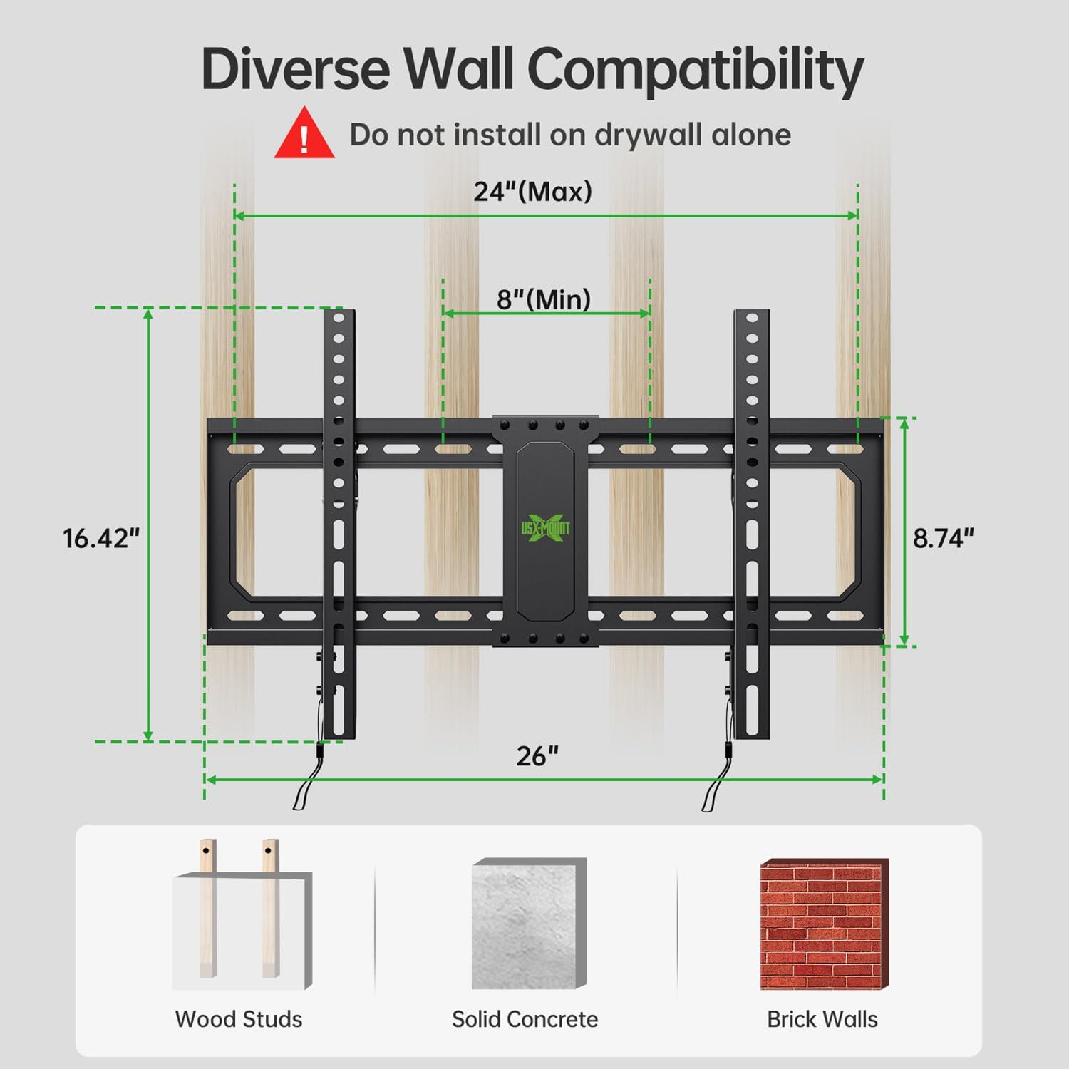 USX MOUNT Fixed TV Wall Mount for 37-82 Inch Tvs up to 132 Lbs, Low Profile TV Wall Bracket Fit Wood Studs 16", 18", 24", TV Mount with Max VESA 600X400Mm, Quick Locked and Release, XFL090 image number 4