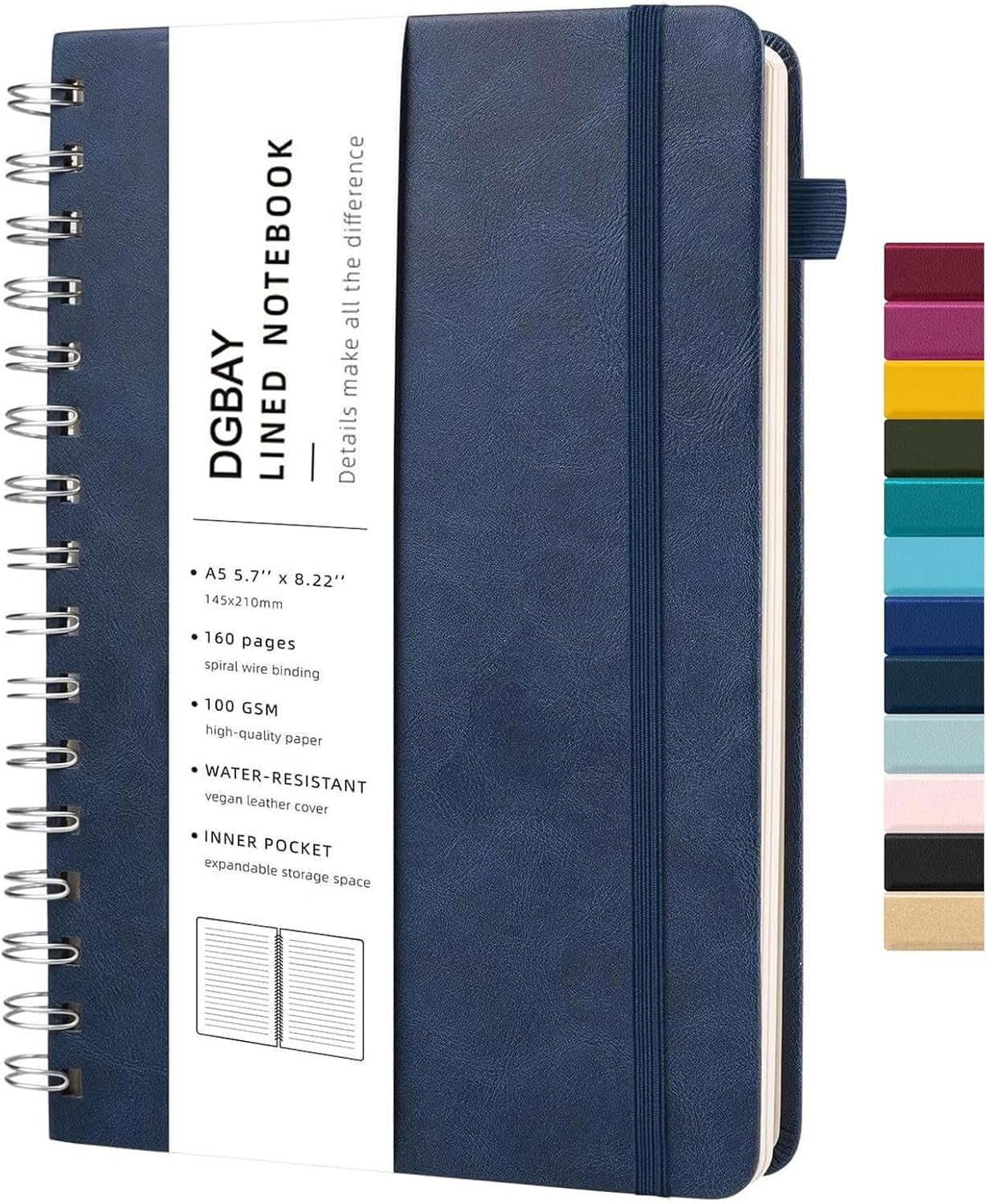 Lined Spiral Notebook Journal for Women Men 200 Pages A5 College Ruled Hardcover Leather with Pen Holder Notebook Journals for Note Taking Work (Green)