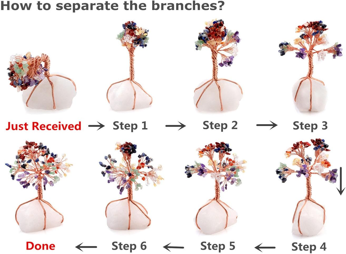 (Rose Quartz) - Top Plaza Chakra Healing Crystals Copper Money Tree Wrapped on Natural Rose Quartz Base Feng Shui Luck Figurine image number 5