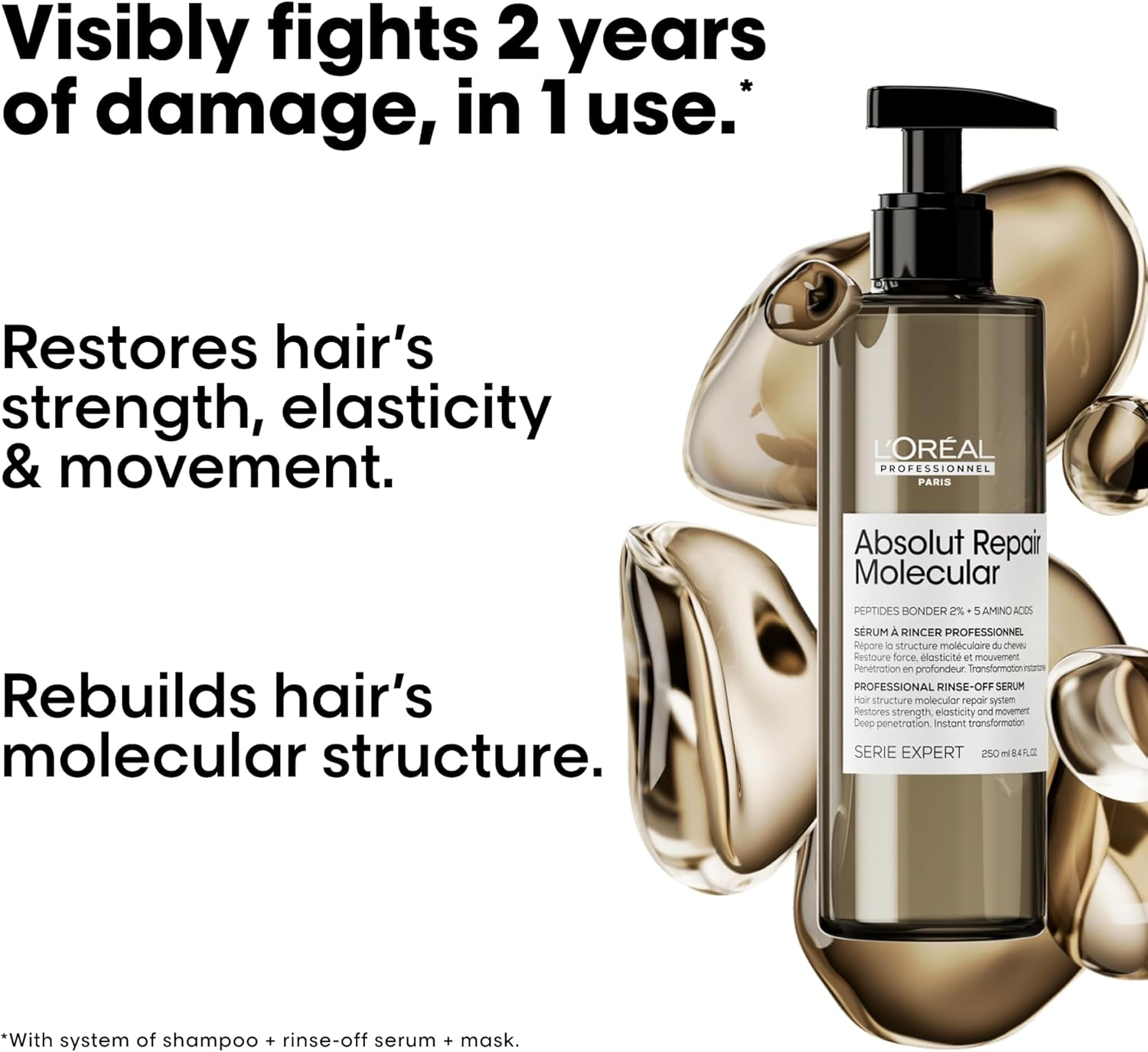 L'Or&eacute;al Professionnel Molecular Repair Hair Serum | Deep Conditioning Treatment for Extremely Dry Damaged Hair | Peptides Bonder | Repair Hair & Restore Strength image number 4