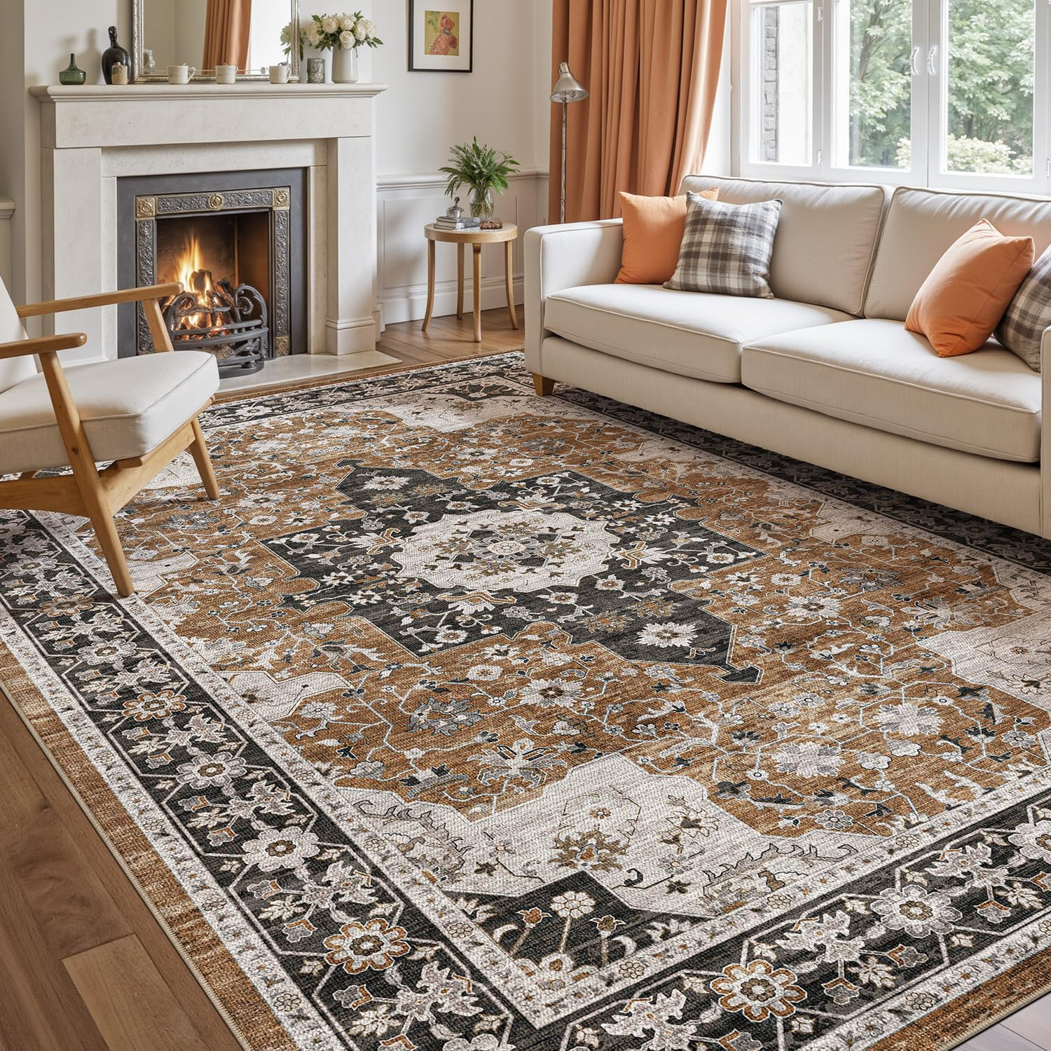 DEXI Area Rug Washable 152 X 244 Cm, Non Slip Living Room Rugs Low Pile, Soft Floral Accent Carpet for Rustic Vintage Farmhouse Bedroom Hallway Dining Hardwood Floors, Brown