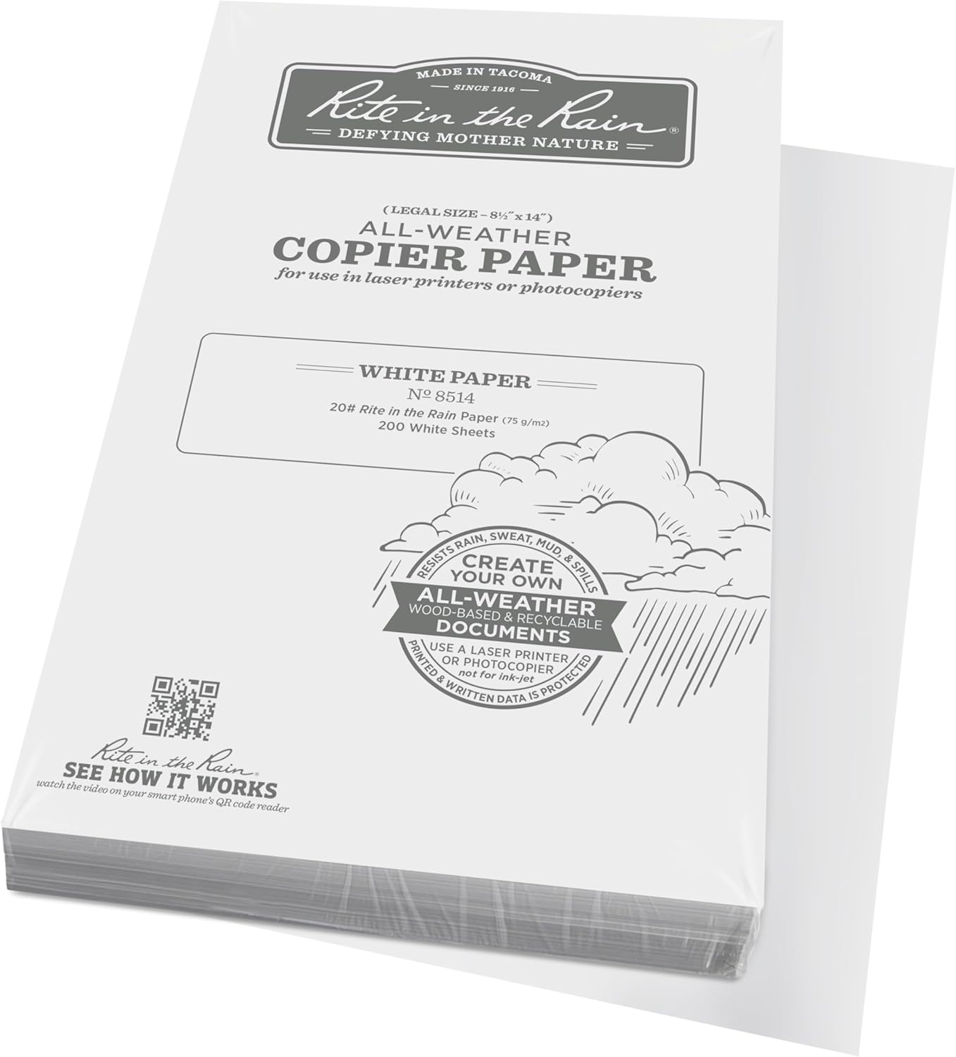 Rite in the Rain Weatherproof Copier Paper, 8.5" X 14", 20# White, 200 Sheet Pack (No. 8514)