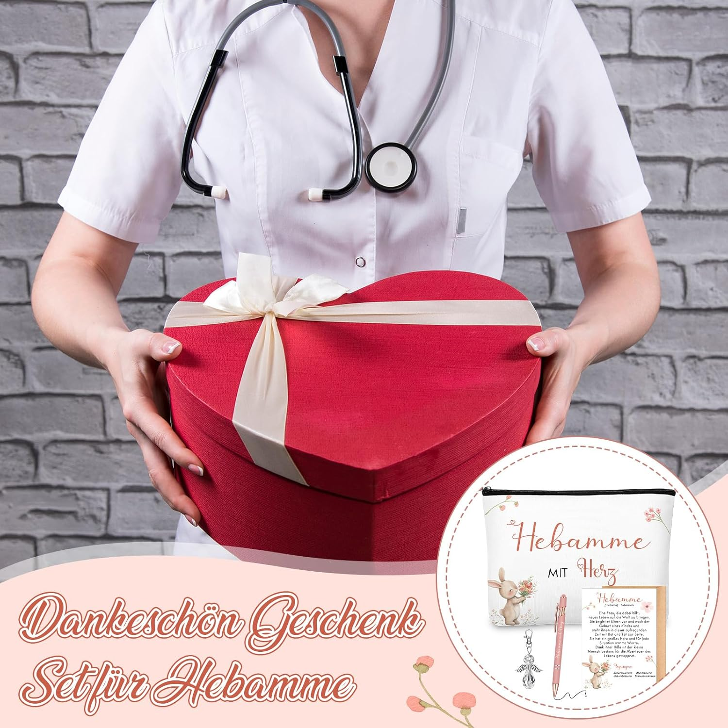 Geiserailie Thank Midwife Gift | Midwife with Heart Cosmetic Bag + Guardian Angel Keyring + Pens with Saying + Thank You Card with Envelope Farewell Gift for Midwife, as Shown in the Pictures image number 6