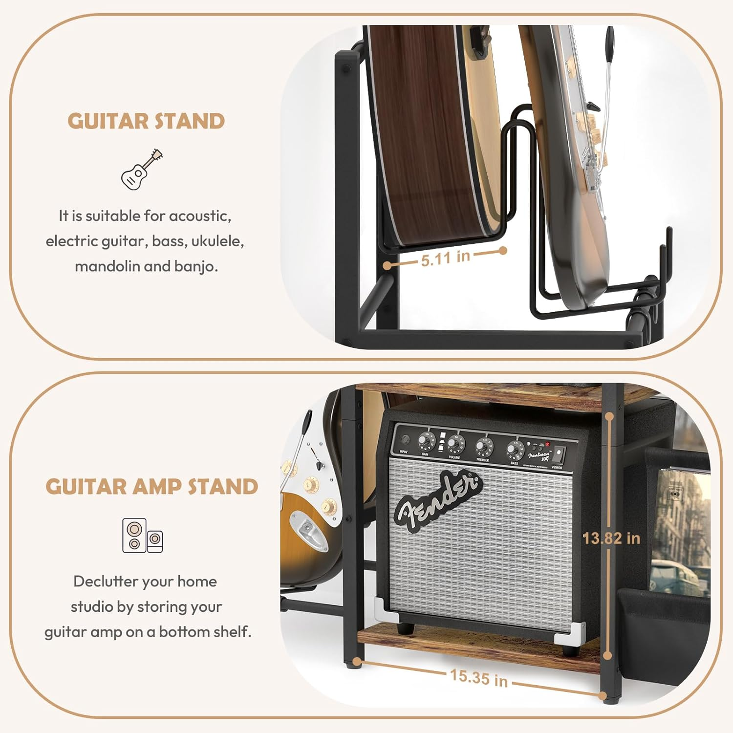 Vinyl Record Storage, Record Player Stand, Guitar Stand for Acoustic, Electric Guitar, Acoustic, Bass with Guitar Amp Stand, 3-Tier Vinyl Record Storage, Record Player Table for Record Player, Speaker, Amplifier - Brown  Black image number 1