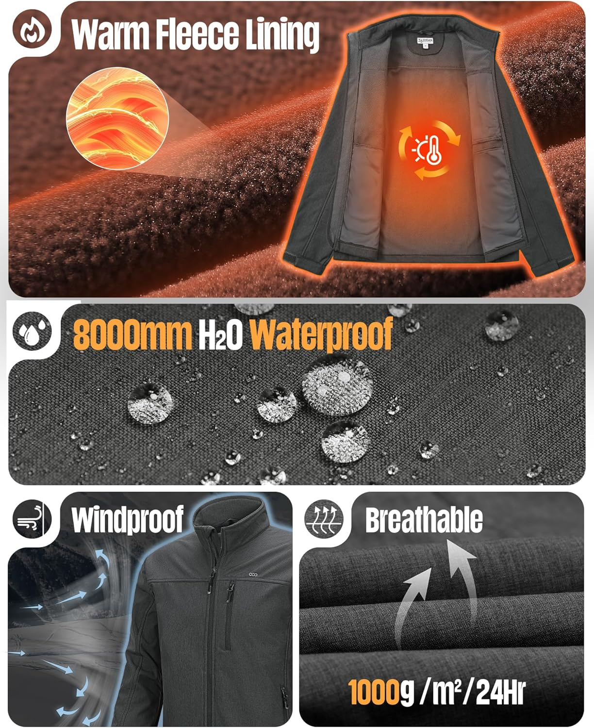 33,000Ft Mens Waterproof Jackets Fleece Lining Softshell Jackets Mens Outdoor Windproof Work Hiking Jackets for Men with Zip Pocket image number 3