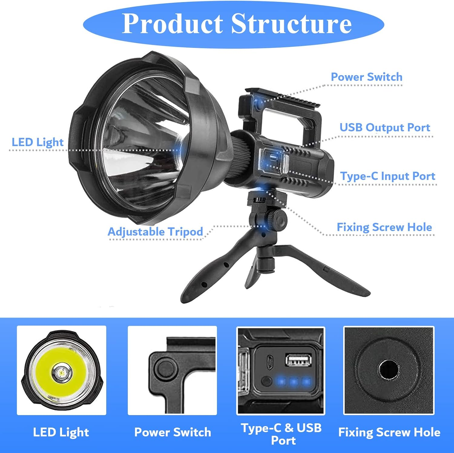 Uhanciny Rechargeable Spotlight Flashlight, 100000 Lumen LED Spot Lights Handheld Large Flashlight High Lumens Super Bright Outdoor Searchlight with 4 Modes, USB Output, IPX5 Waterproof, Tripod image number 2