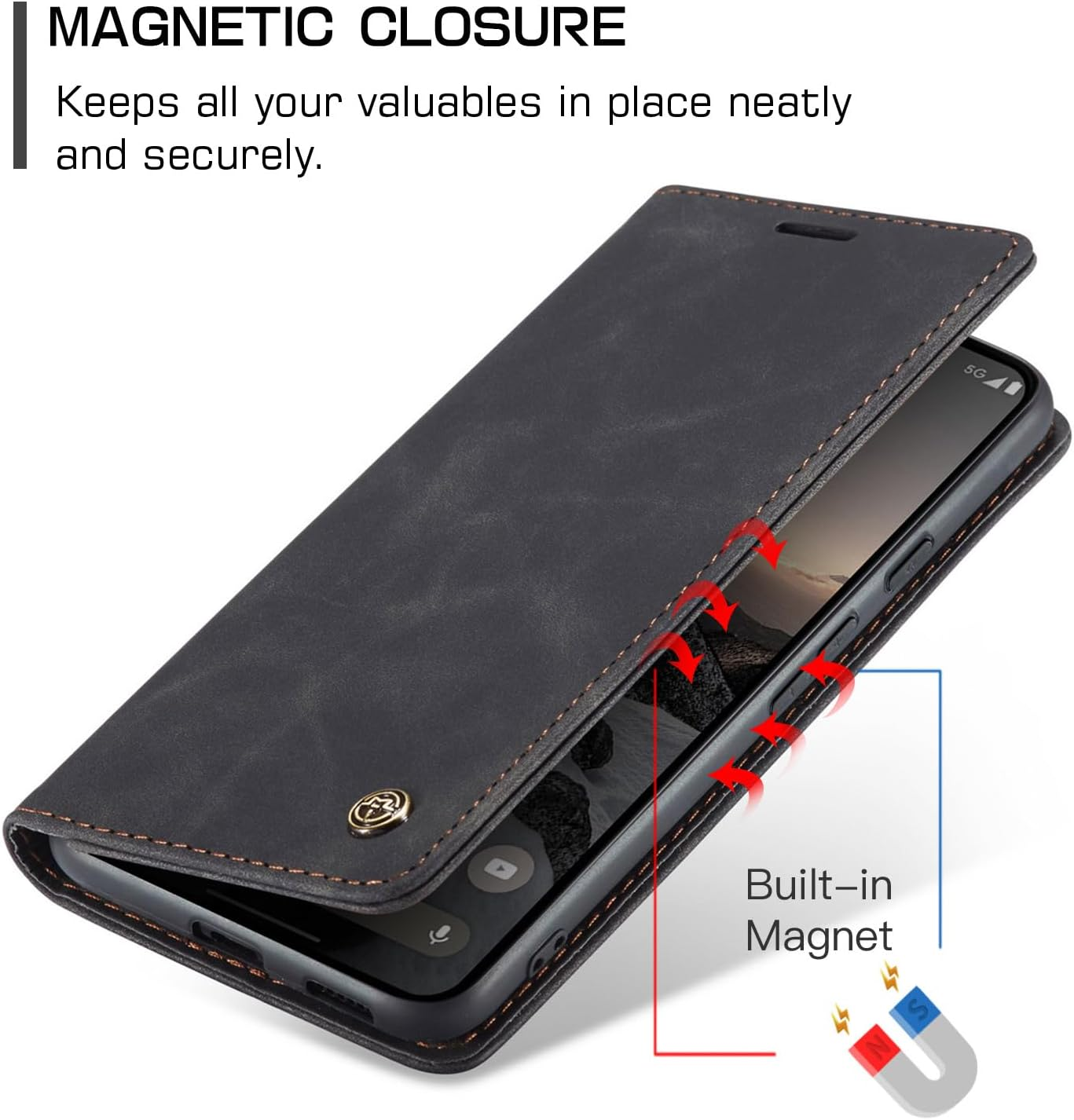 Cracedily Mobile Phone Case for Google Pixel 9A Case, Flip Case Premium Leather Flip Case Magnetic Card Slot Stand Function Flip Case Protective Cover for Pixel 9A, Black image number 6