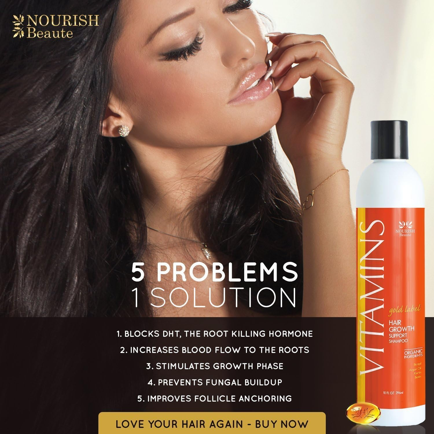 Nourish Beaute Vitamins Premium Shampoo for Hair Loss That Promotes Hair Regrowth, Volume and Thickening with Biotin, DHT Blockers, Antioxidants and Oils, for Men and Women, 2 10 Ounce image number 2