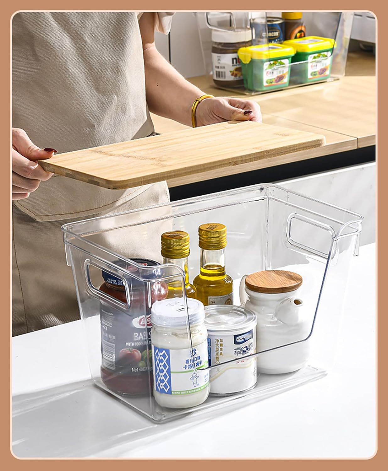 LISNSMY 2 Set Clear Stackable Storage Boxes with Bamboo Wood Lid and Handles, Open Pantry Organizer Bins, 29X18X18 CM, for Bathroom, Cabinet, Kitchen, Fridge, Closet Organization image number 3