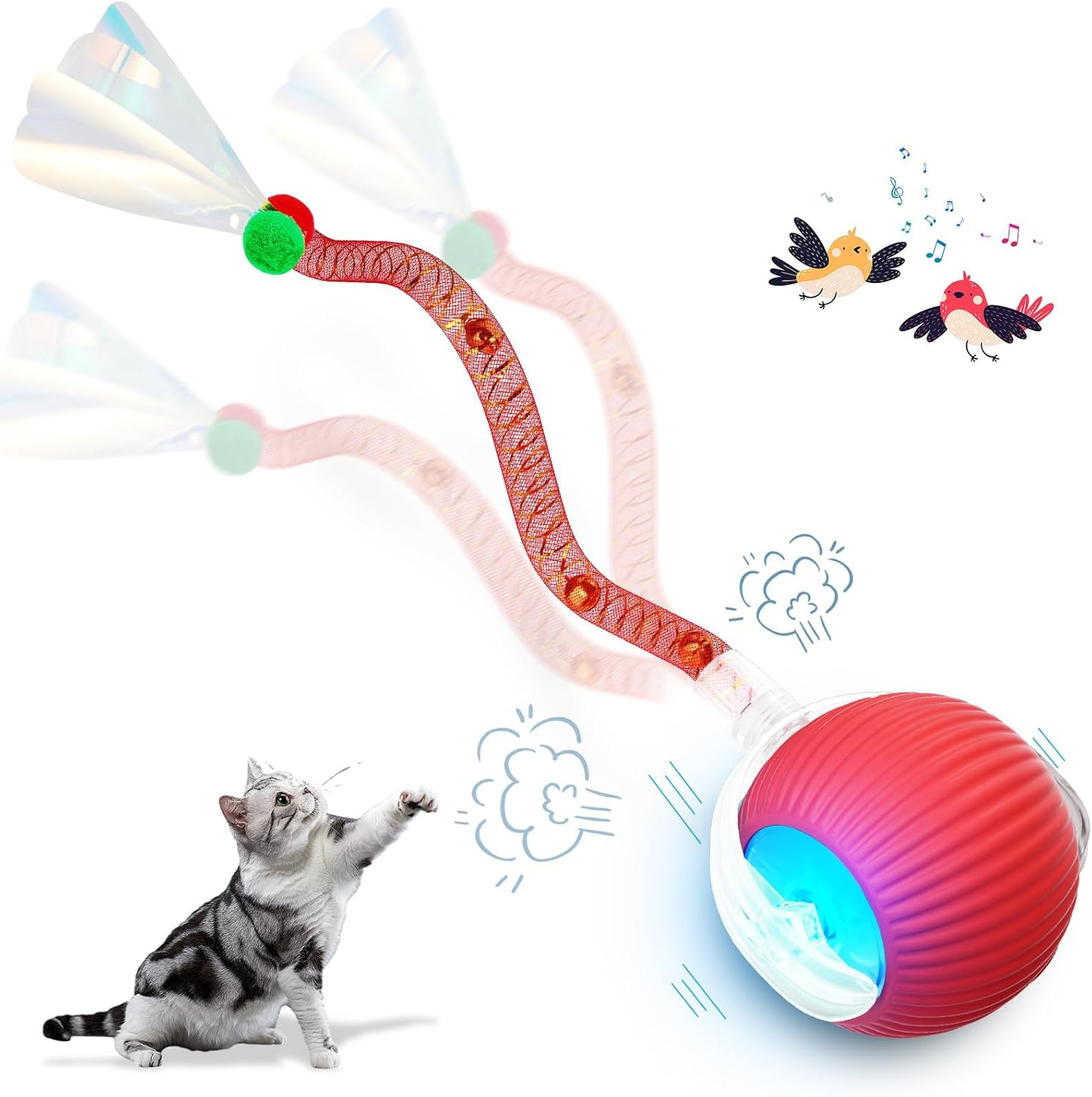 Smart Cat Toy Ball with Feather & Bird Sound, Silicone Interactive Rolling Ball for Indoor Cats, Motion-Activated, Obstacle Avoidance, Quiet Motor, Rechargeable 300Mah Battery (Red)