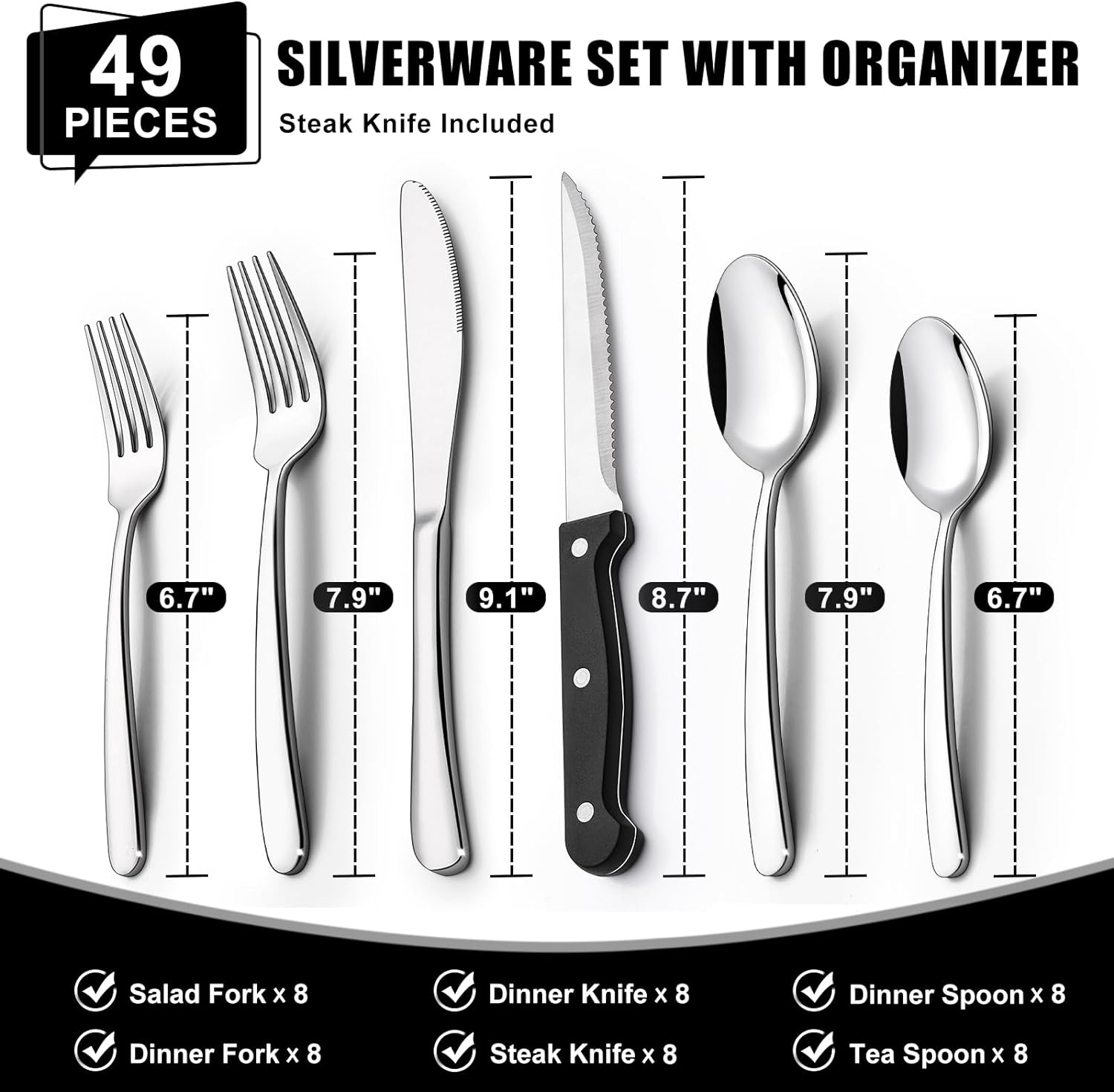 49-Piece Silverware Set with Organizer, Heavy Duty Stainless Steel Flatware for 8, Cutlery Utensil Sets with Steak Knives, Rust-Proof, Mirror Polished, Dishwasher Safe image number 1