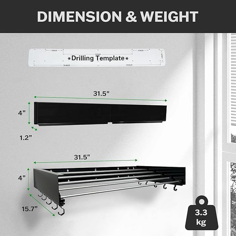 Qowooq Laundry Drying Rack Collapsible, Wall Mounted, Clothes Drying Rack, 81.3 Cm Industrial Black, 18.1 Kg Capacity with Wall Template and Long Screwdriver Bit (Black, 80Cm) image number 5