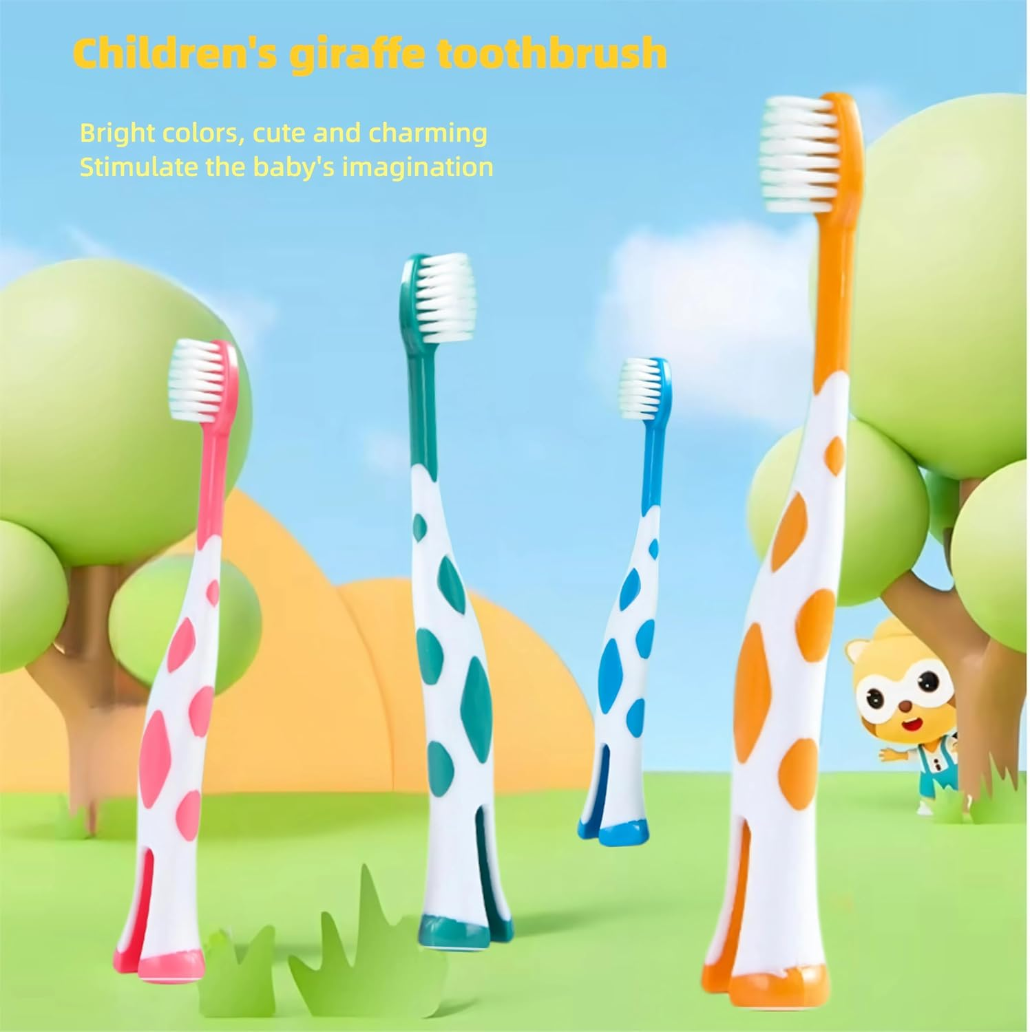 4Pcs Giraffe Kids Toothbrush with Tongue Coating Cleaning Design, Featuring a Brush Head Protective Cover and a Standing Handle Fun Toddler Toothbrush image number 5