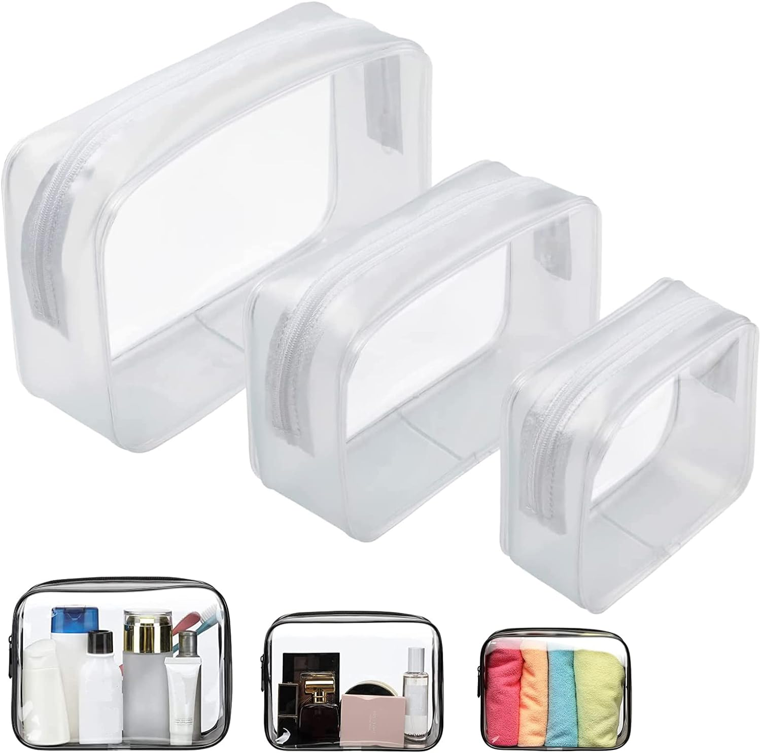 Set of 3 Clear Cosmetic Bags - Clear Travel Makeup Bags, Clear Toiletry Bags, Portable Clear Pouches, Transparent Travel Pouch Bags with Zipper for Women, Girl (Clear)