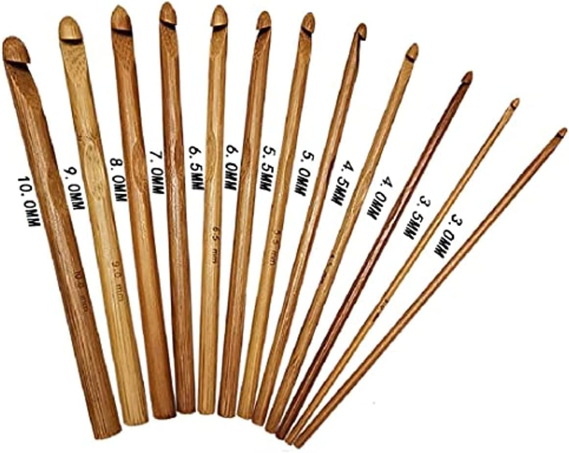 12Pcs 6" Bamboo Crochet Hooks Needle Knitting Hooks Knit Craft Weave Yarn 3 to 10 Mm Diameters
