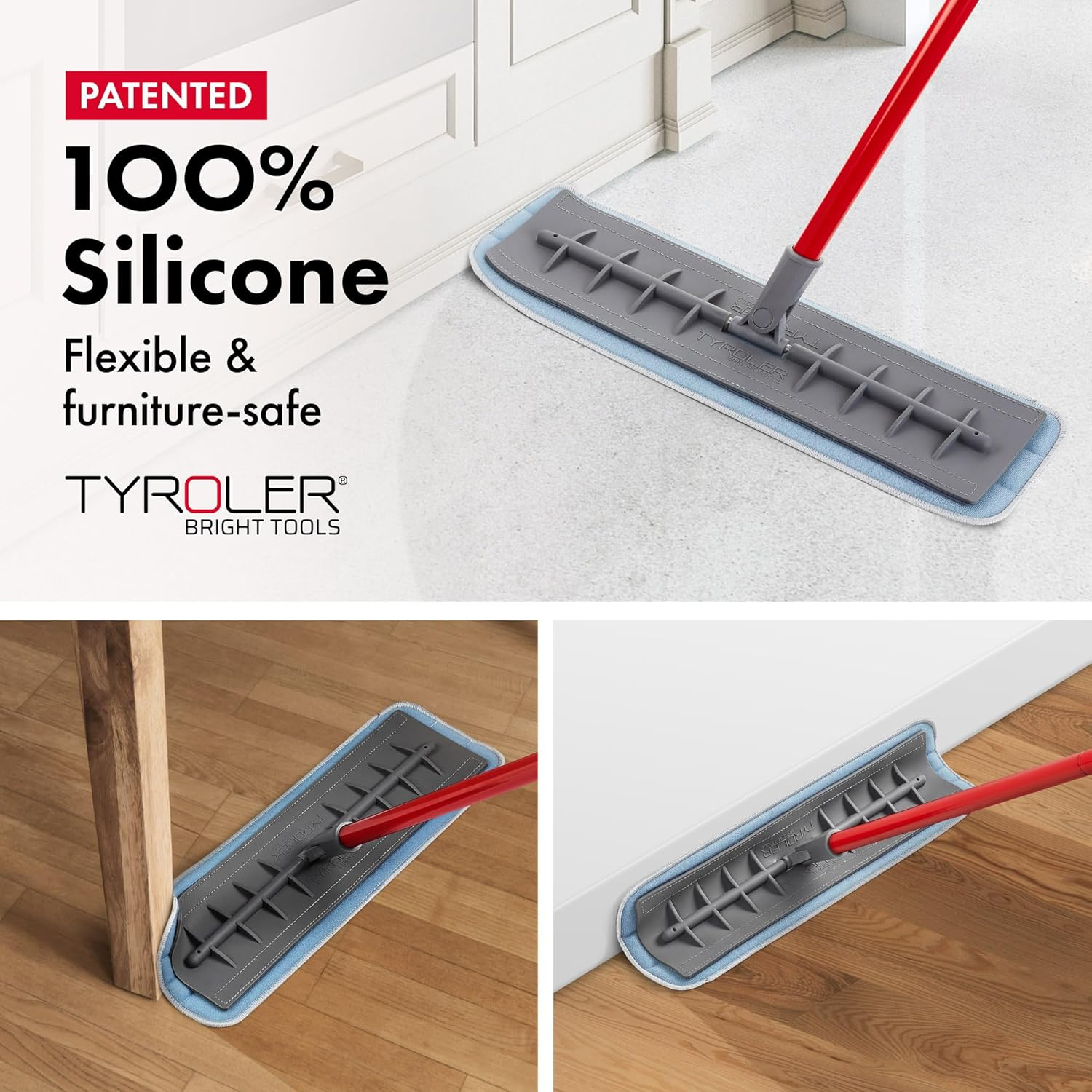Tyroler Bright Tools 100% Silicone Flexible Head Microfiber Mop 2Pcs Wet and Dry Pad (45Cm Wide) | Professional Home Cleaning for Hardwood, Laminate, Tile Floors, Kitchen, Bathroom.
