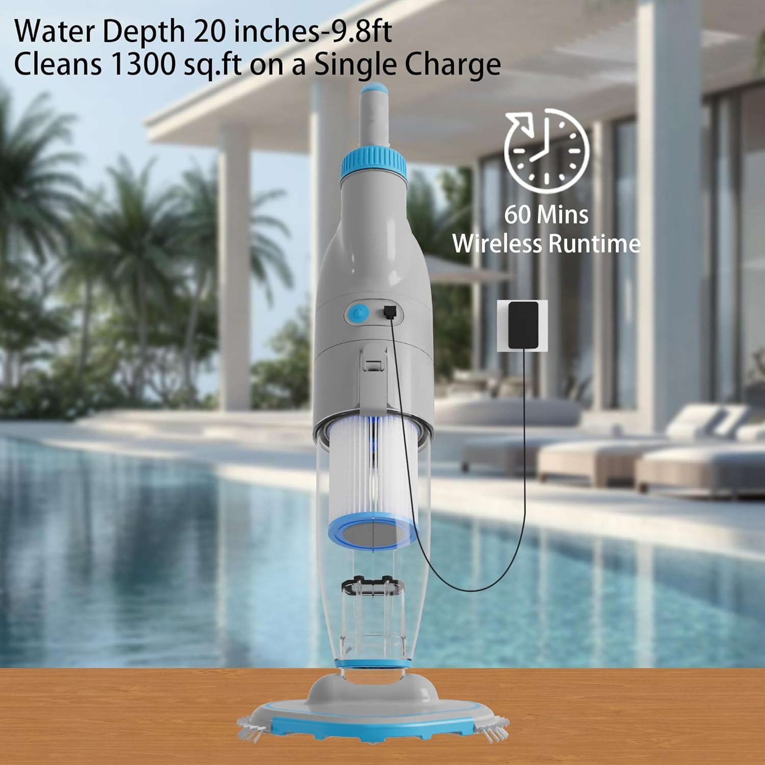 Cordless Pool Vacuum Cleaner, 120L/M Ultra Powerful Suction, Rechargeable Handheld Pool Vacuum for Inground Pools & above Ground up to 120M2 (Pool Stomach 50), with Dual Filters Into image number 6