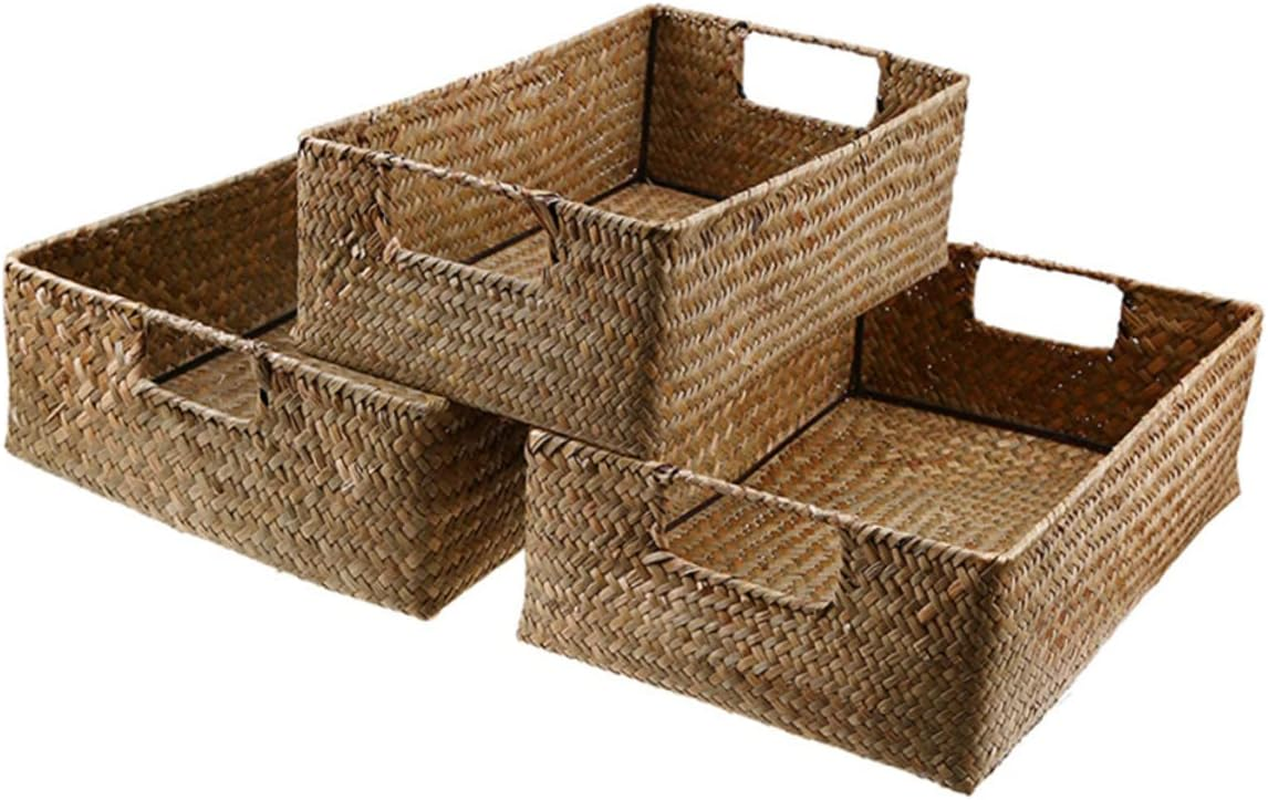 Hohopeti Hand-Woven Seaweed Storage Basket 33X23X11Cm Rectangular Sundries Organizer Yellow Vintage Style Household Storage Box for Toys and Cosmetics image number 4