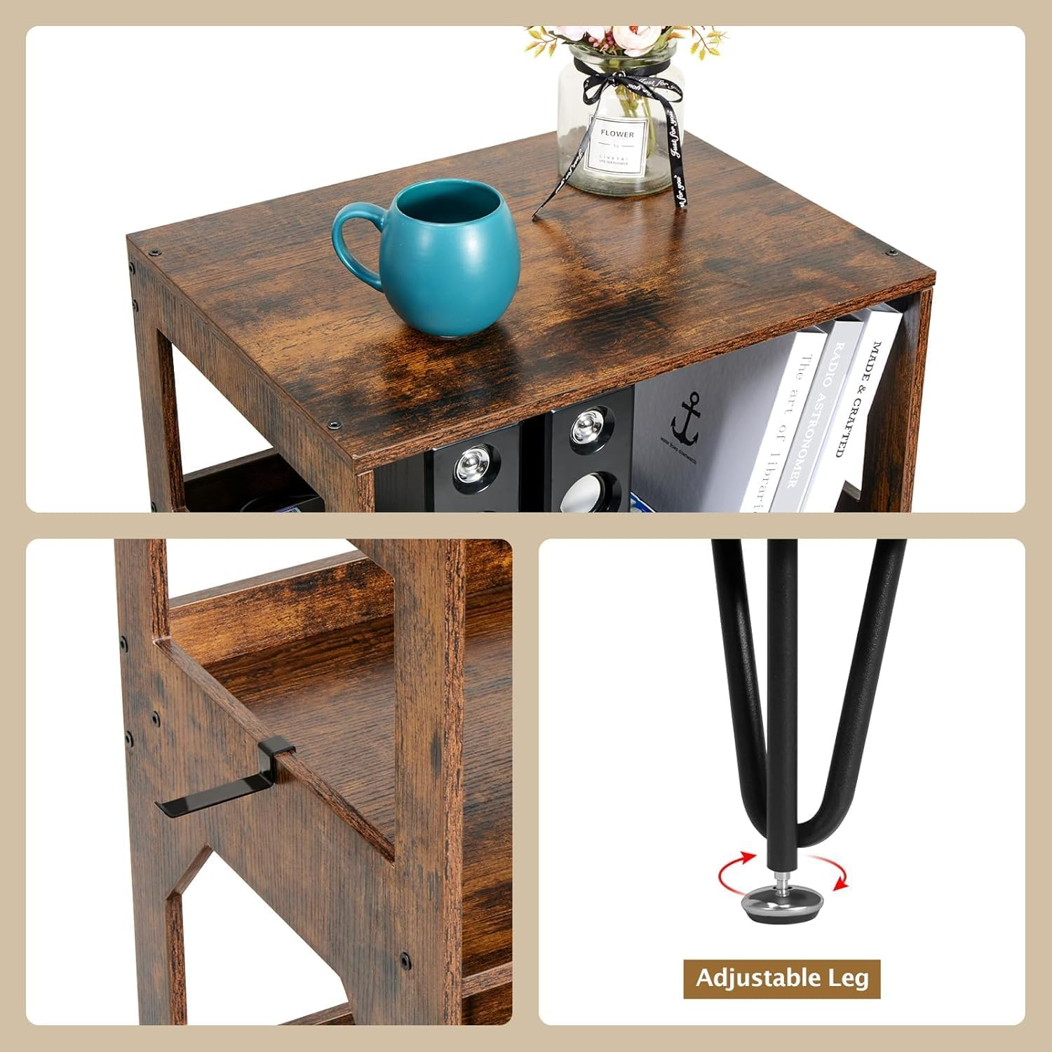 Vinyl Record Stand, 2 Tier Record Player Stand with Vinyl Storage, Rustic Record Player Cabinet for up to 160 Albums, Vinyl Record Storage with Metal Legs for Music Room Living Room - Rustic Brown