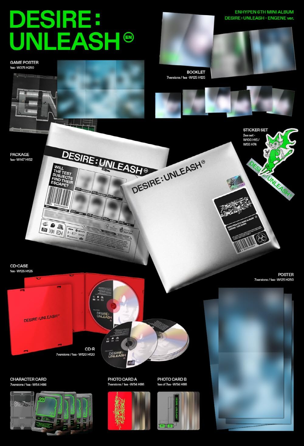 ENHYPEN DESIRE : UNLEASH 6Th Mini Album 4 Version Set Standard 3 Version Set(Make+You+Mine)+1Ea Engene Random Version+Tracking Sealed EN-