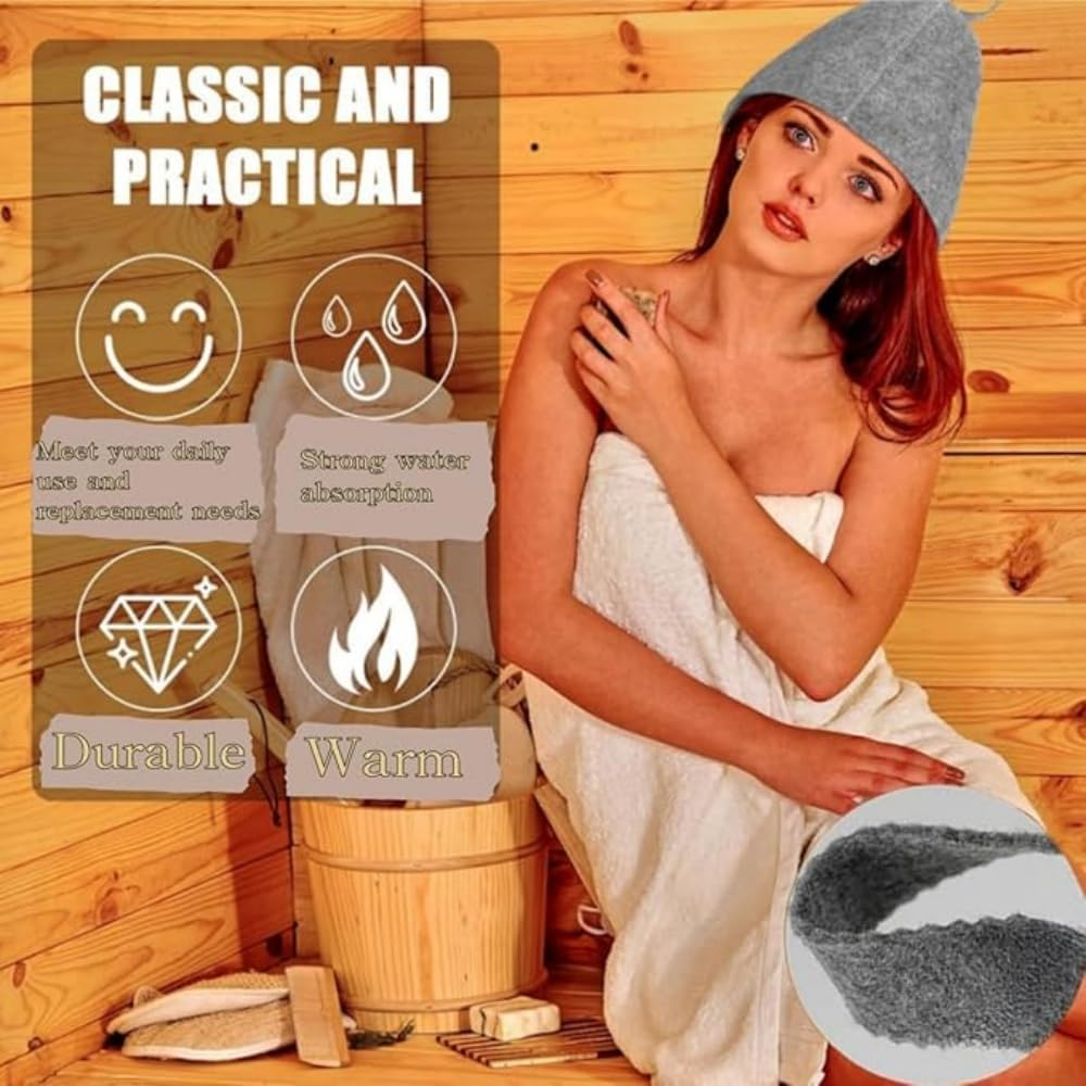 FACAING 2Pcs Wool Sauna Hat for Men and Women - Breathable Cap, Vaporarium and Steam Bath Accessories, Universal Sauna Shower Cap for Spa, Gym and Home Use (Grey and White, One Size) image number 4