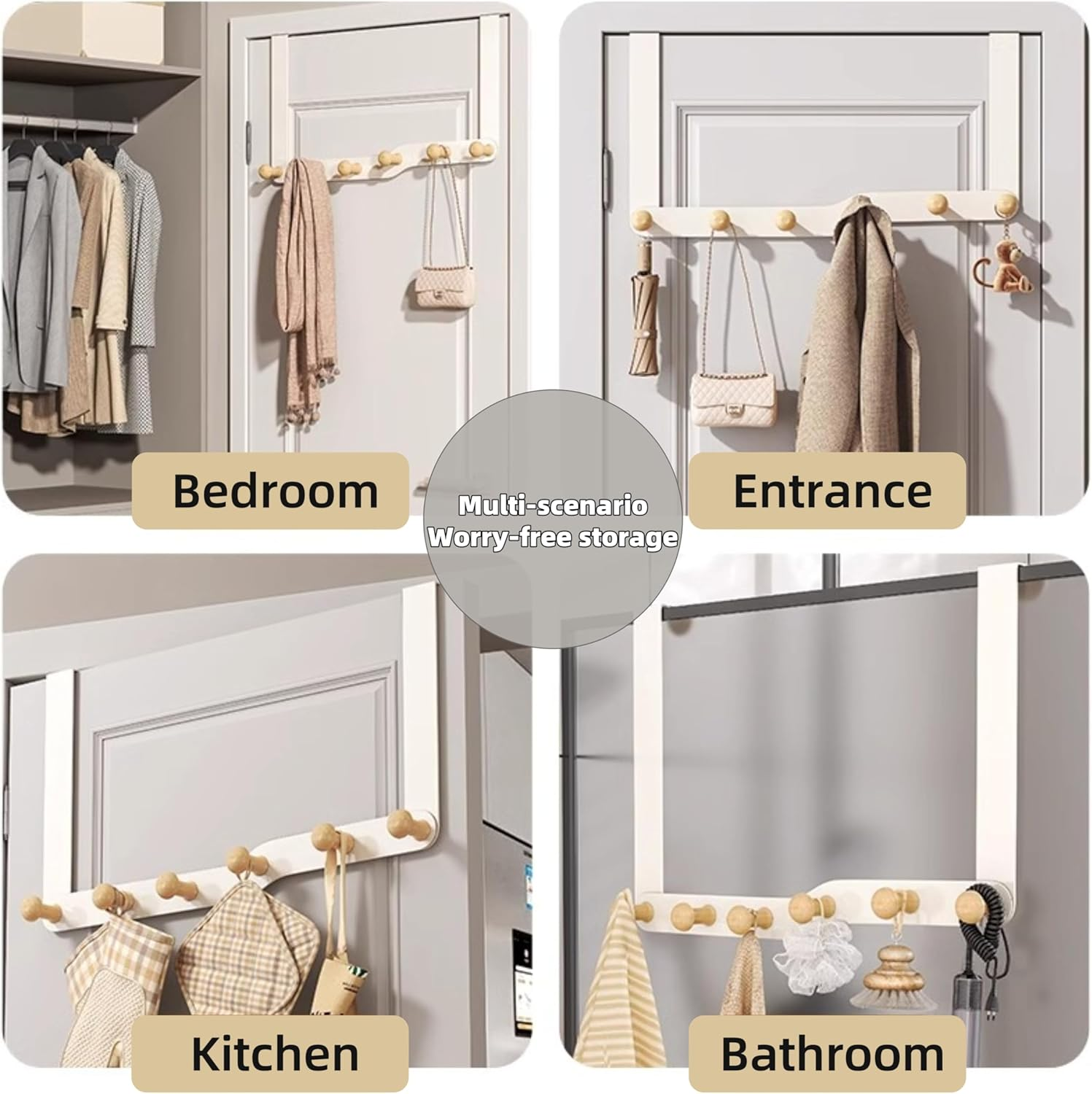Over the Door Hooks, over Door Coat Hanger，Clothes with 6 Wooden Door Hooks,Door Hooks for Entrance Doors, behind Bedroom Doors, to Hang Clothes, Towels, Hats, Etc.(Cream White) - Premium Grey image number 4