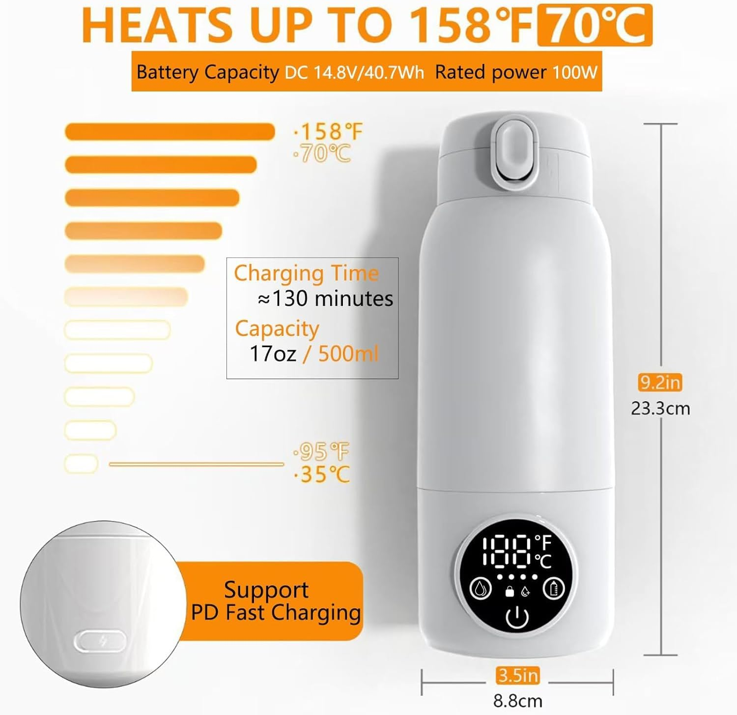 AMEIJIE Portable Milk Warmer for Travel, 500ML Cordless Bottle Warmer with 2 Min Rapid Heating & USB-C Rechargeable & Precise Temp Control, for Outdoor, Car, Airplane Use image number 4