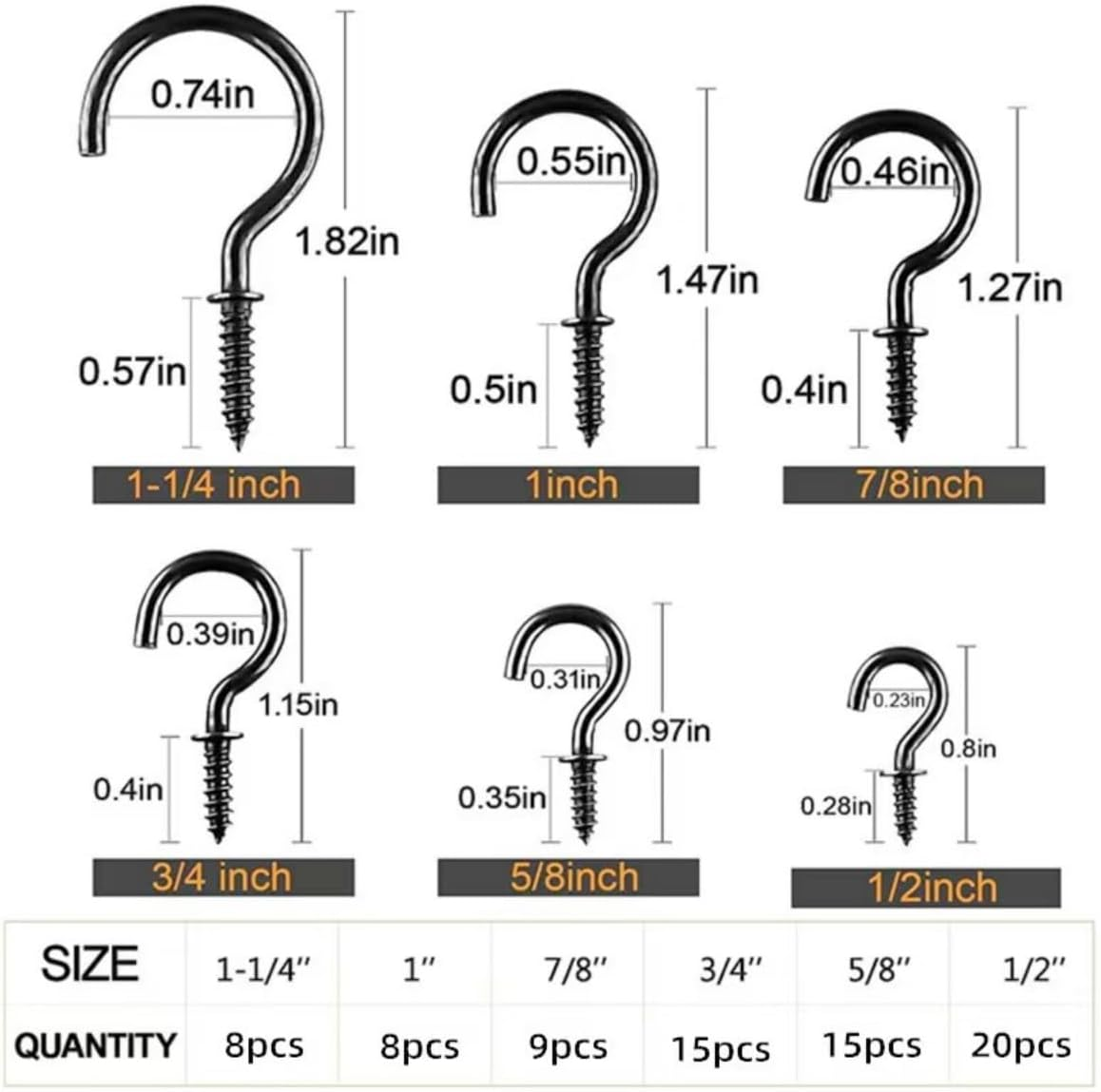 Greenlux 75Pc Black Metal Screw Hooks, Heavy Duty, Holds up to 35Lbs, Indoor/Outdoor, Wall Mount, Decorative Black, for Hanging Mugs, Lamps, Curtains, Etc. - White-12 image number 4