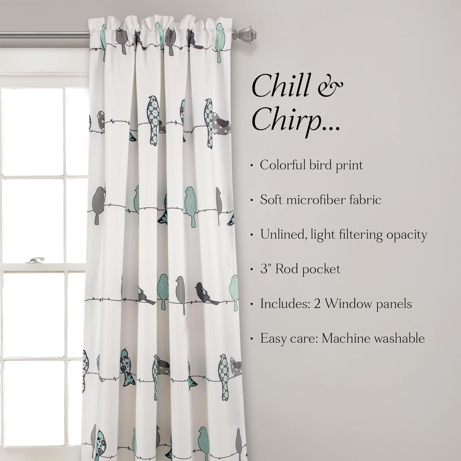 Lush Decor Rowley Birds Light Filtering Window Curtain Panels, Pair, 52" W X 84" L, Blue & Gray - Colorful Floral Print - Whimsical & Playful Bird Curtains for Bedroom, Living Room, or Dining Room image number 5