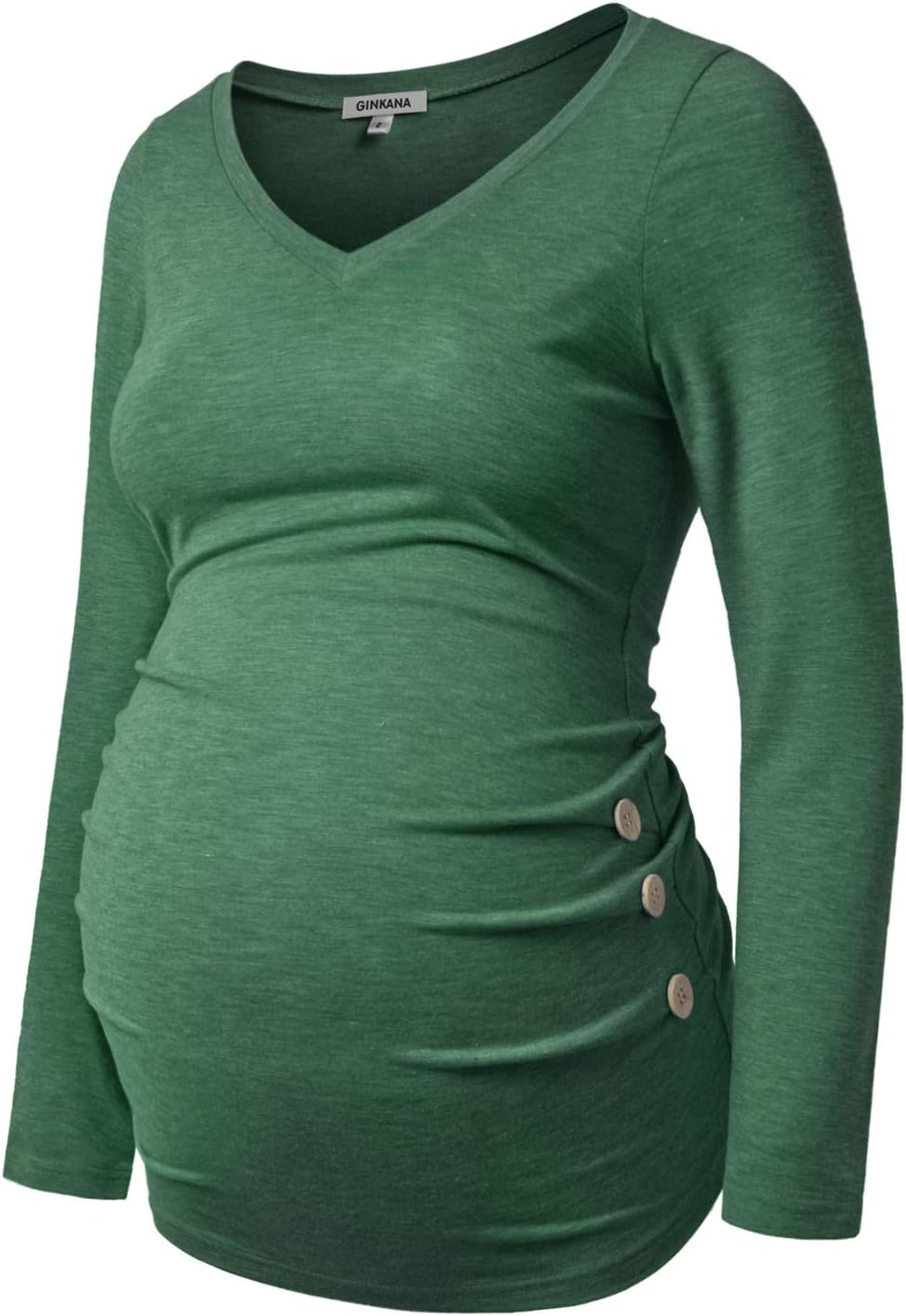 GINKANA Maternity Shirt Long Sleeve Basic Top Ruch Sides Buttons Tshirt for Pregnant image number 3