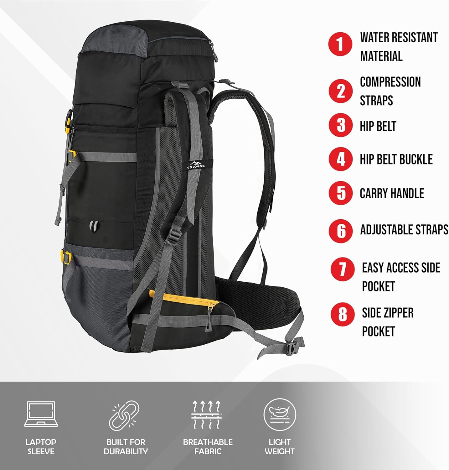 TRAWOC GRITMAX 55 Litre Travel Bag Front & Top Open Backpack for Hiking Trekking Camping, Rucksack for Men & Women with Rain Cover and Shoe Compartment image number 3