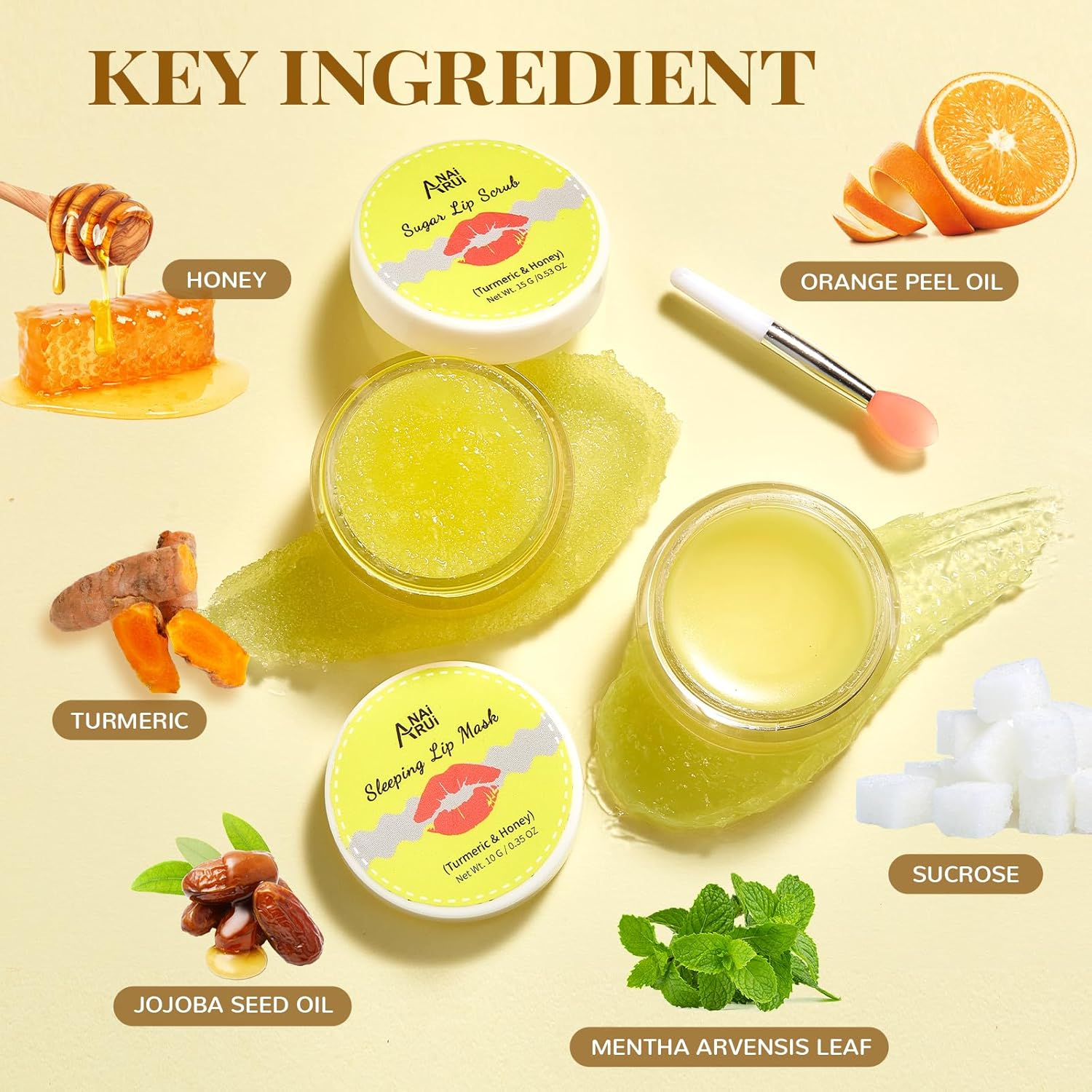 ANAI RUI Lip Care Kit - Sugar Scrub Set, Sleeping Mask & Exfoliator - Overnight Skin Treatment - Scrub & Moisturizer for Dry Chapped Cracked Peel Lips (Turmeric+Honey) image number 6