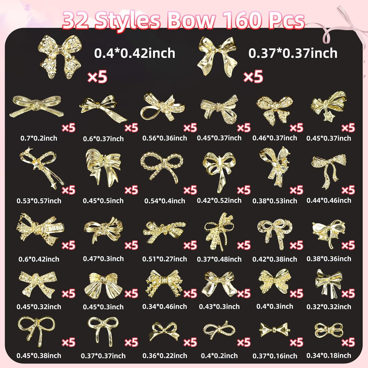 32 Styles 160 Pcs Metal Golden Bow Nail Charms, 3D Alloy Bow Bowkont Nail Charms for Acrylic Nails, Gold Bows Nail Art Charm for Nails DIY Y2K - S3 image number 5