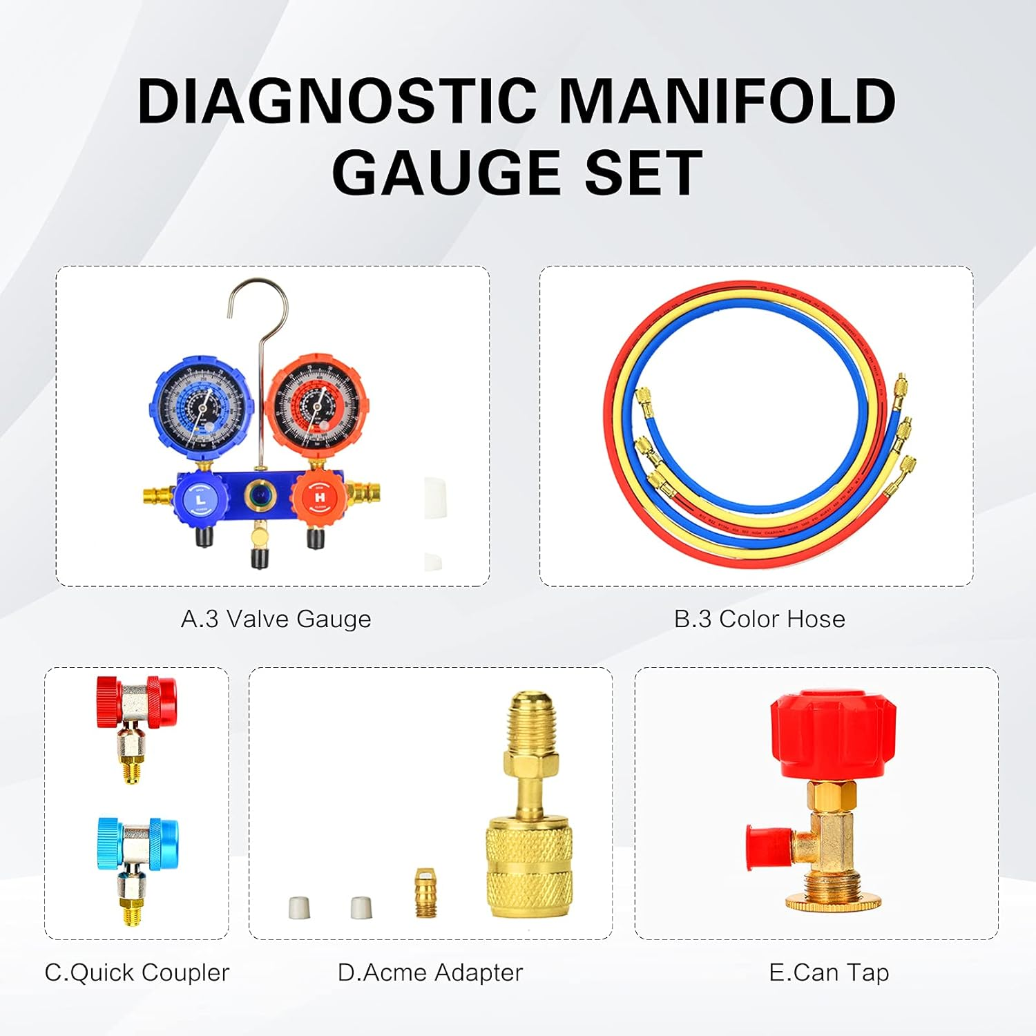 3-Way A/C Diagnostic Manifold Gauge Set Refrigeration Machine for Vacuum Evacuation, Fits R410, R134A, R22, R404A Refrigerants, with Hoses, Couplers, Can Tap, Instruction image number 2