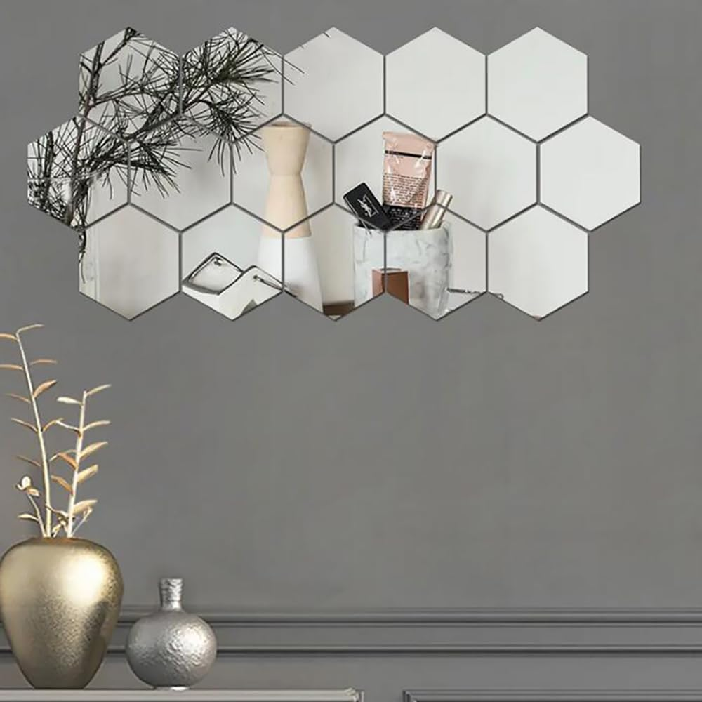 24Pcs Silver Hexagon Mirror Acrylic Wall Stickers with Adhesive Art Decal Satin Paper Baby Kids Bedroom Home DIY Decor Removable Stickers (Hexagon Silver) image number 4