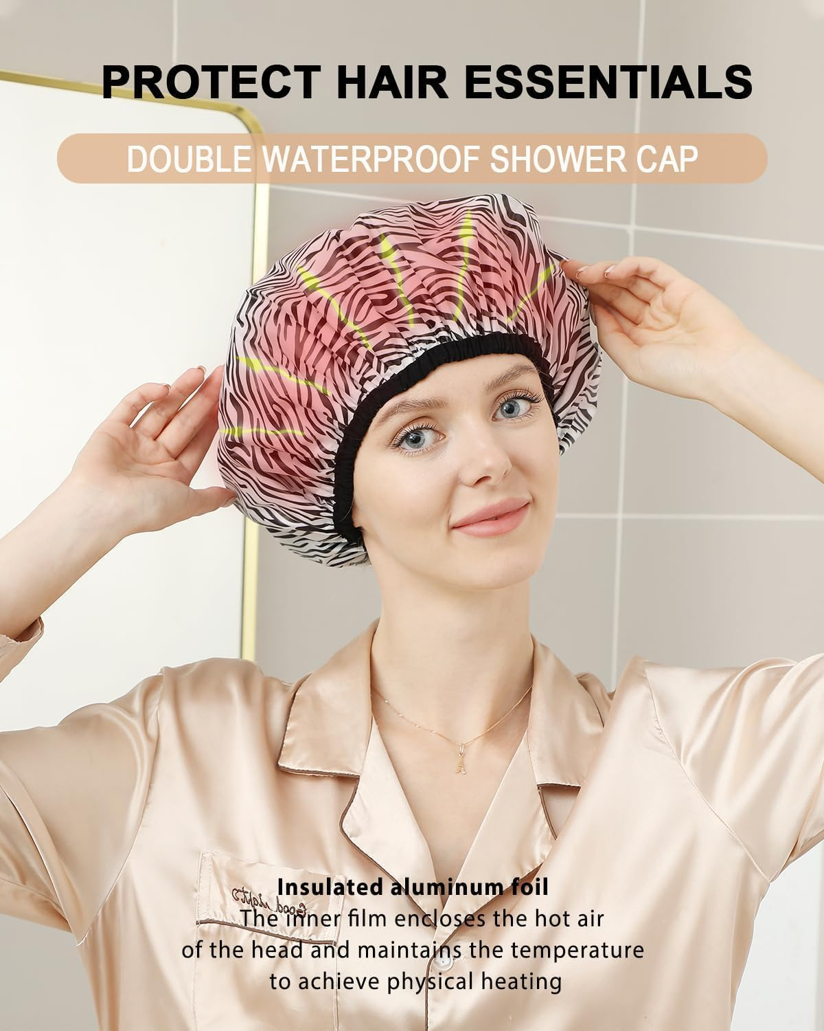 2 Pieces Shower Cap Heat Cap for Deep Conditioning, Conditioning Cap Made of Aluminum Foil for Home and Salon Use, Hair Dyeing and Hot Oil Treatment Tools (Black White Stripes) image number 4