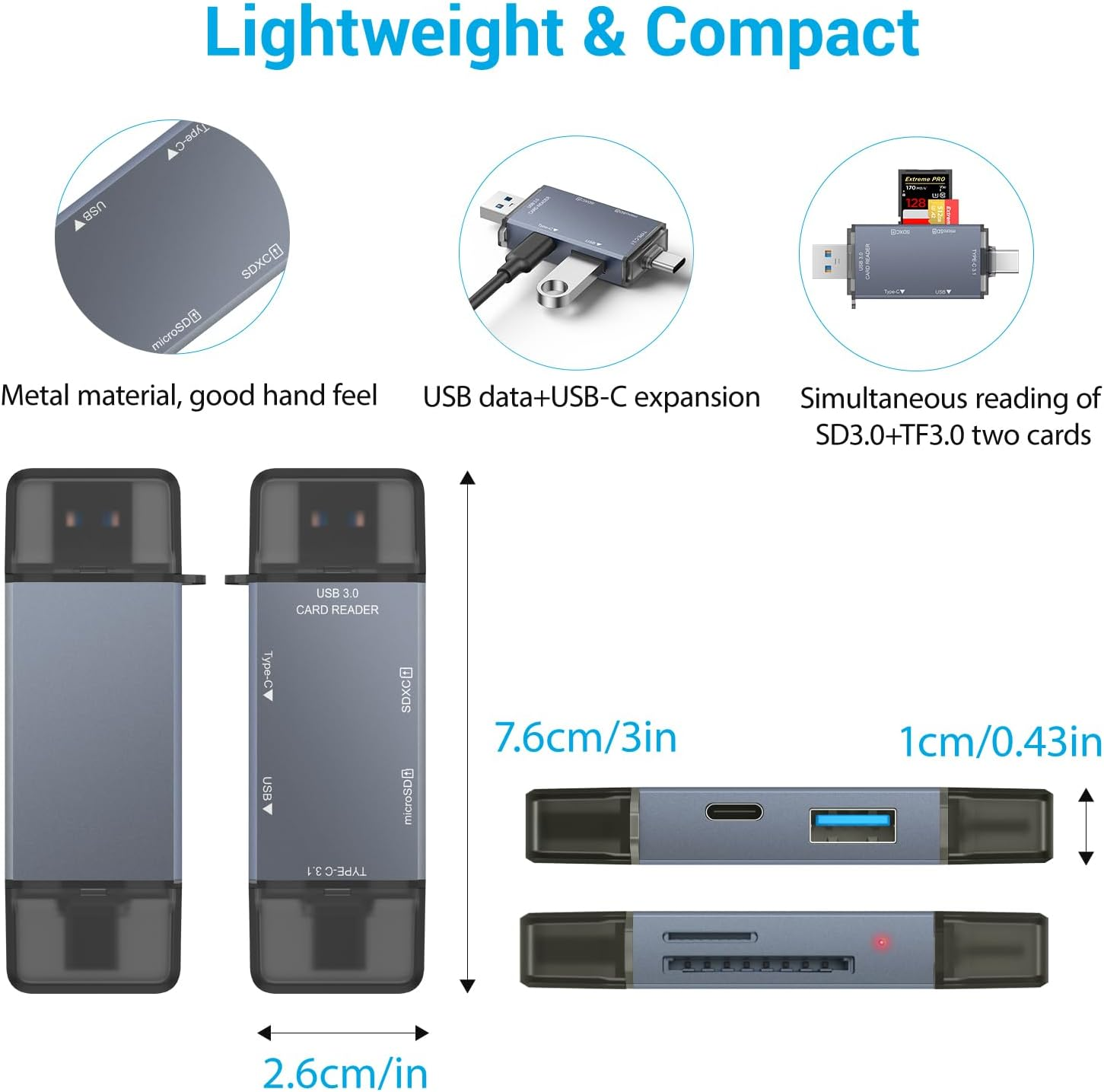External Memory Card Readers, 6 in 1 USB 3.0 Card Reader, Aluminum Dual Connector USB C SD Card Reader Compact Flash Reader OTG Adapter Supports Tf/Sd/Microsd for Iphone, Laptop,Tablet,Camera Etc.
