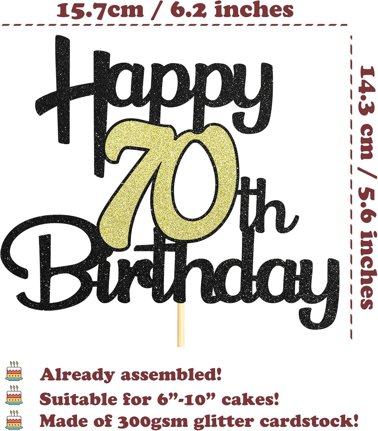 Sotpot 1 Pack Black&Gold Glitter 70Th Cake Topper, 70Th Birthday Cake Decorations for Birthday Party Anniversary Party Supplies image number 2