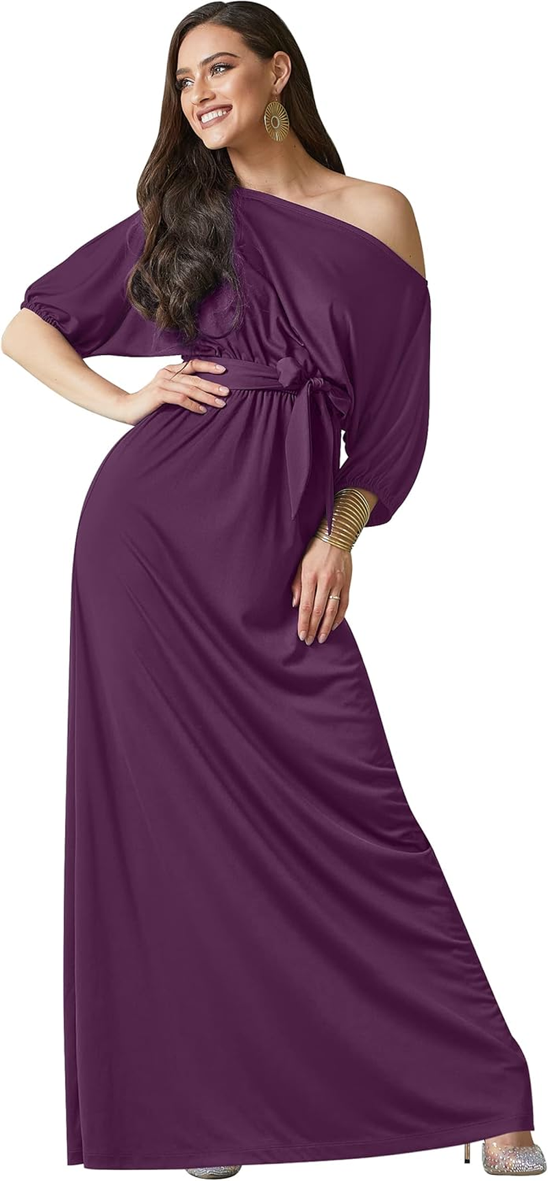 KOH KOH Womens Long Sexy One Shoulder Flowy Casual 3/4 Short Sleeve Maxi Dress