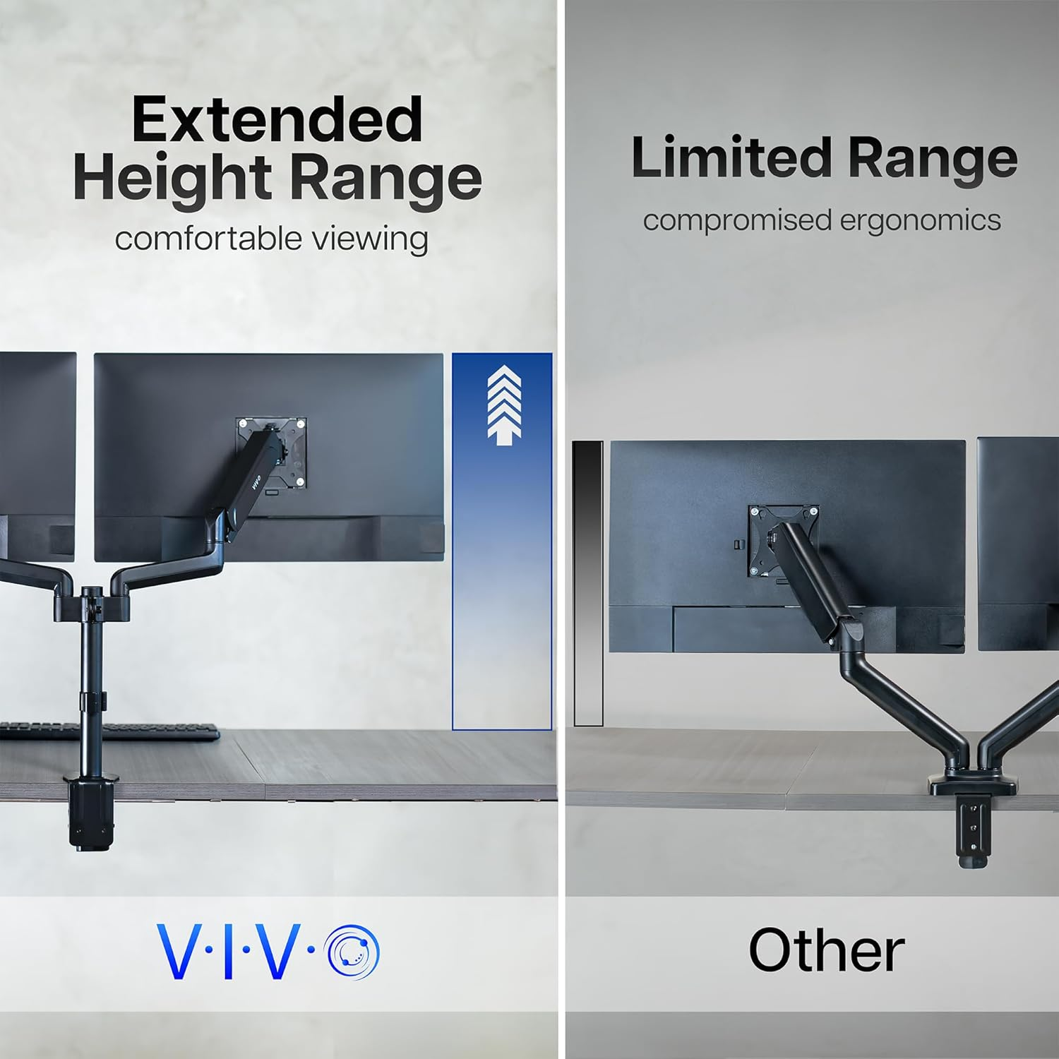 VIVO Dual Arm Computer Monitor Desk Mount with Pneumatic Height Adjustment, Full Articulation, Vesa Stand with C-Clamp and Grommet, Holds 2 Screens up to 32 Inches (Stand-V002K) image number 6