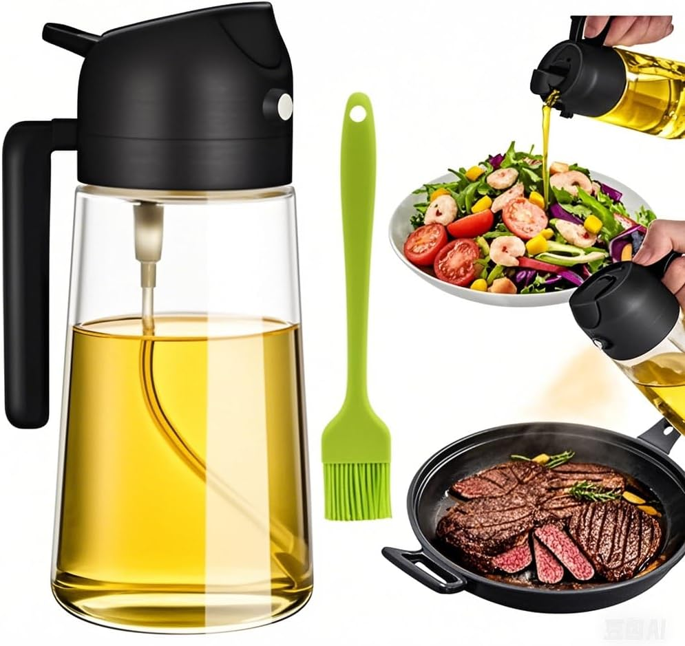 Vivva 16Oz/470Ml Olive Oil Dispenser - 2 in 1 Olive Oil Spray Bottle for Cooking Oil Sprayer Glass Oil Bottle Kitchen Tools, Premium Food-Grade Oil Mister for Air Fryer, Salad, Frying and BBQ (White)