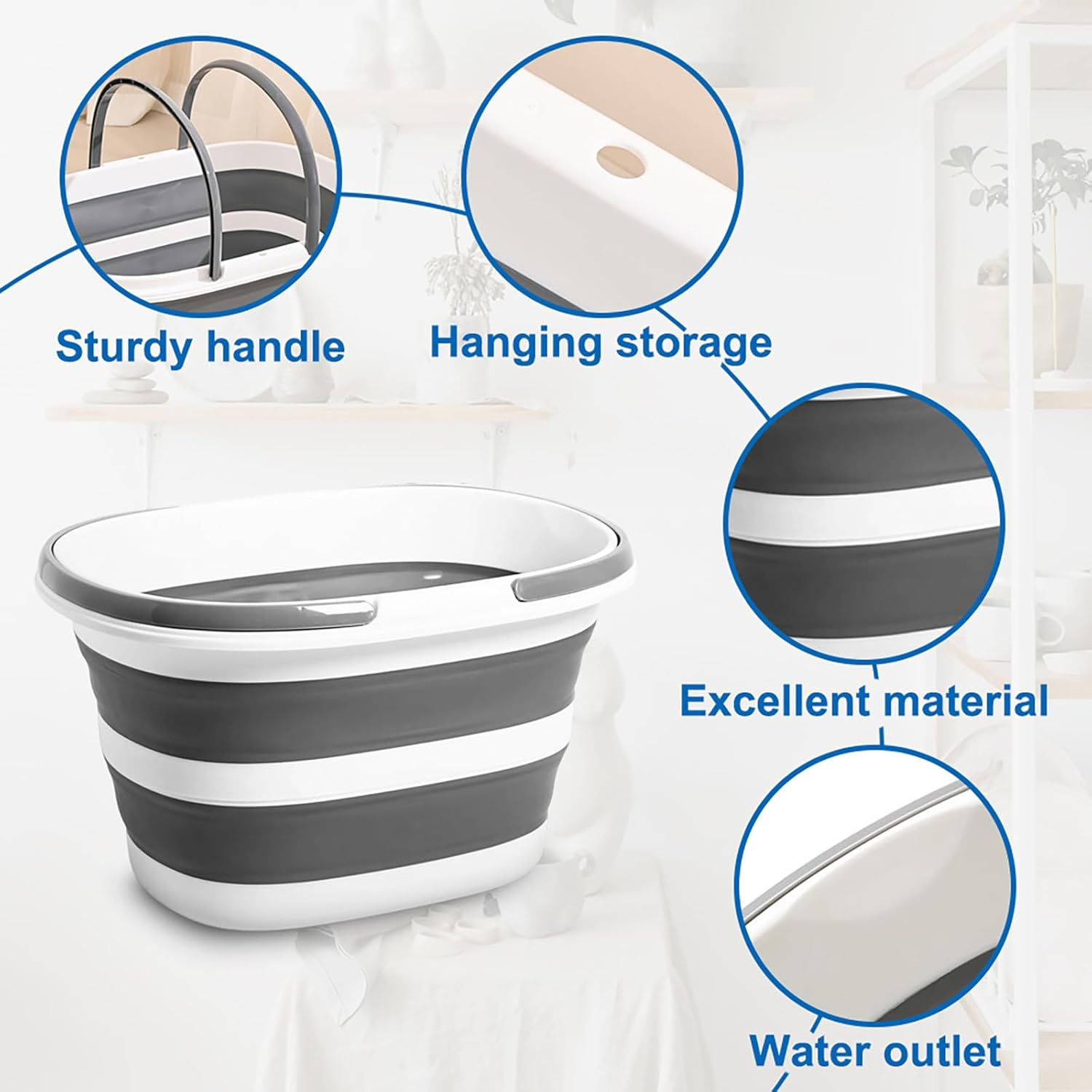 LUPATDY 16L Foldable Bucket, Foldable Mop Bucket with Handles, Portable Silicone Tub, Foldable Cleaning Bucket for Cleaning, Storage, Ideal for Camping, Home and Travel, Grey - Grey image number 5