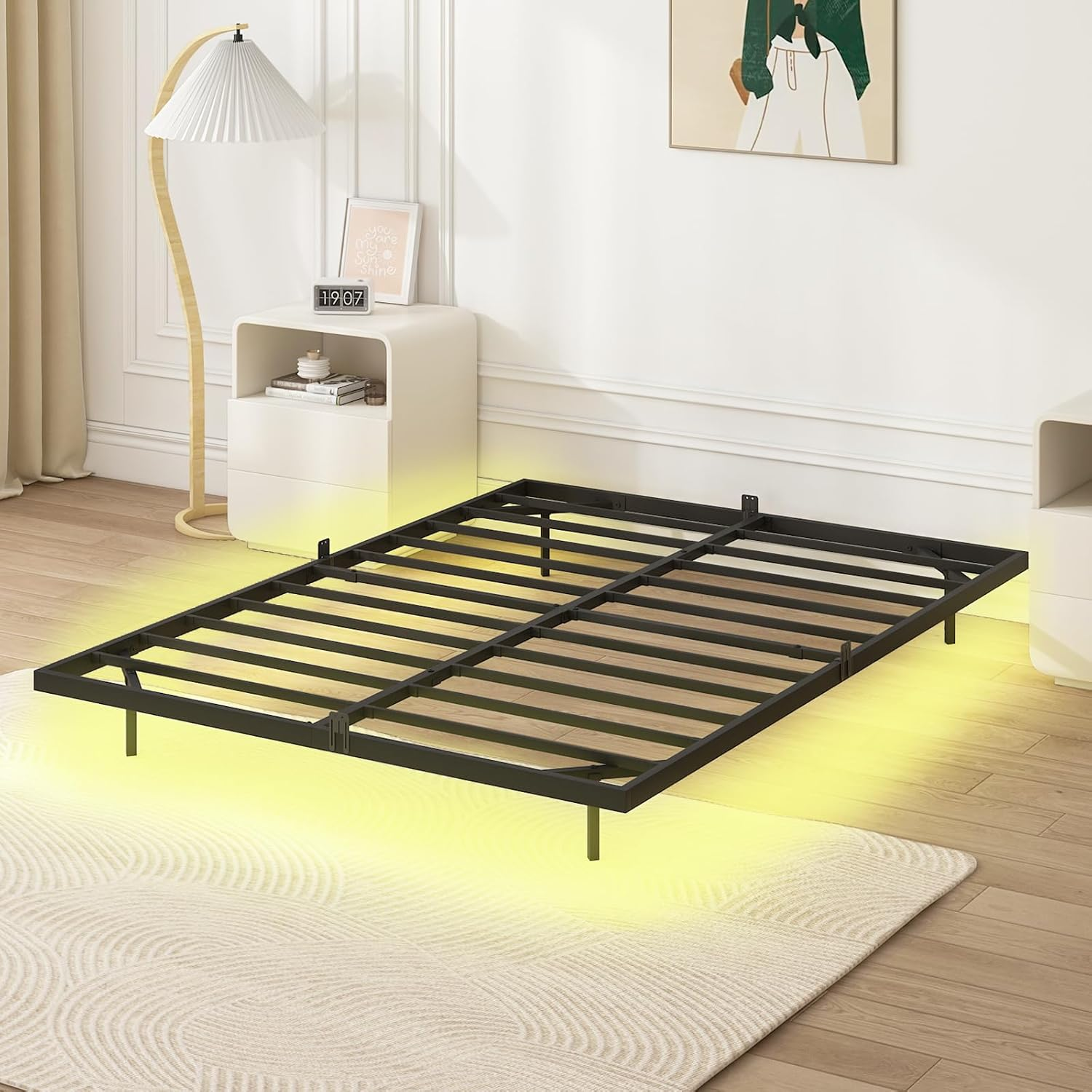 Advwin Floating Bed Frame with LED Lights, Metal Platform Bed Frame with Heavy Duty Steel Slats Black, No Box Spring Needed (Double Size) image number 2