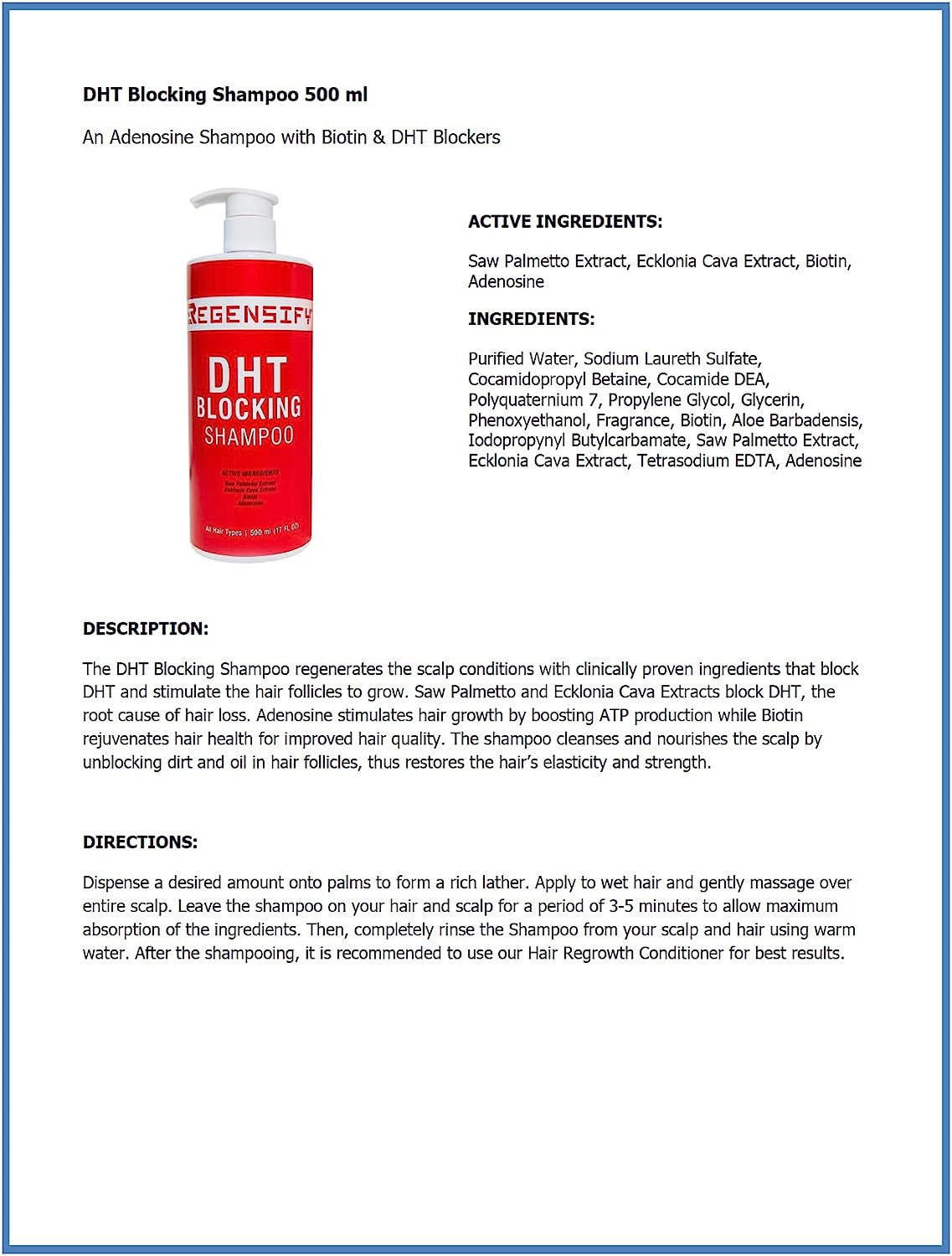 REGENSIFY DHT Blocking Shampoo 500 Ml (17 FL Oz) [Adenosine Shampoo with Biotin & DHT Blockers] image number 4