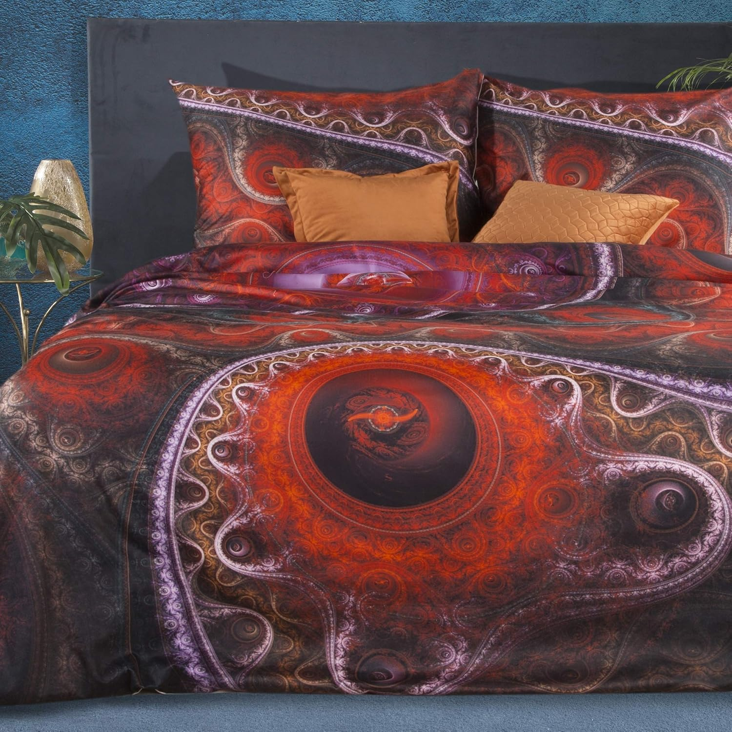 Eurofirany Bedding Pattern Print Striking Cotton Set 2 Pillow Cases 1 Duvet Cover, Blue + Red, 220X200Cm+2X/70X80Cm